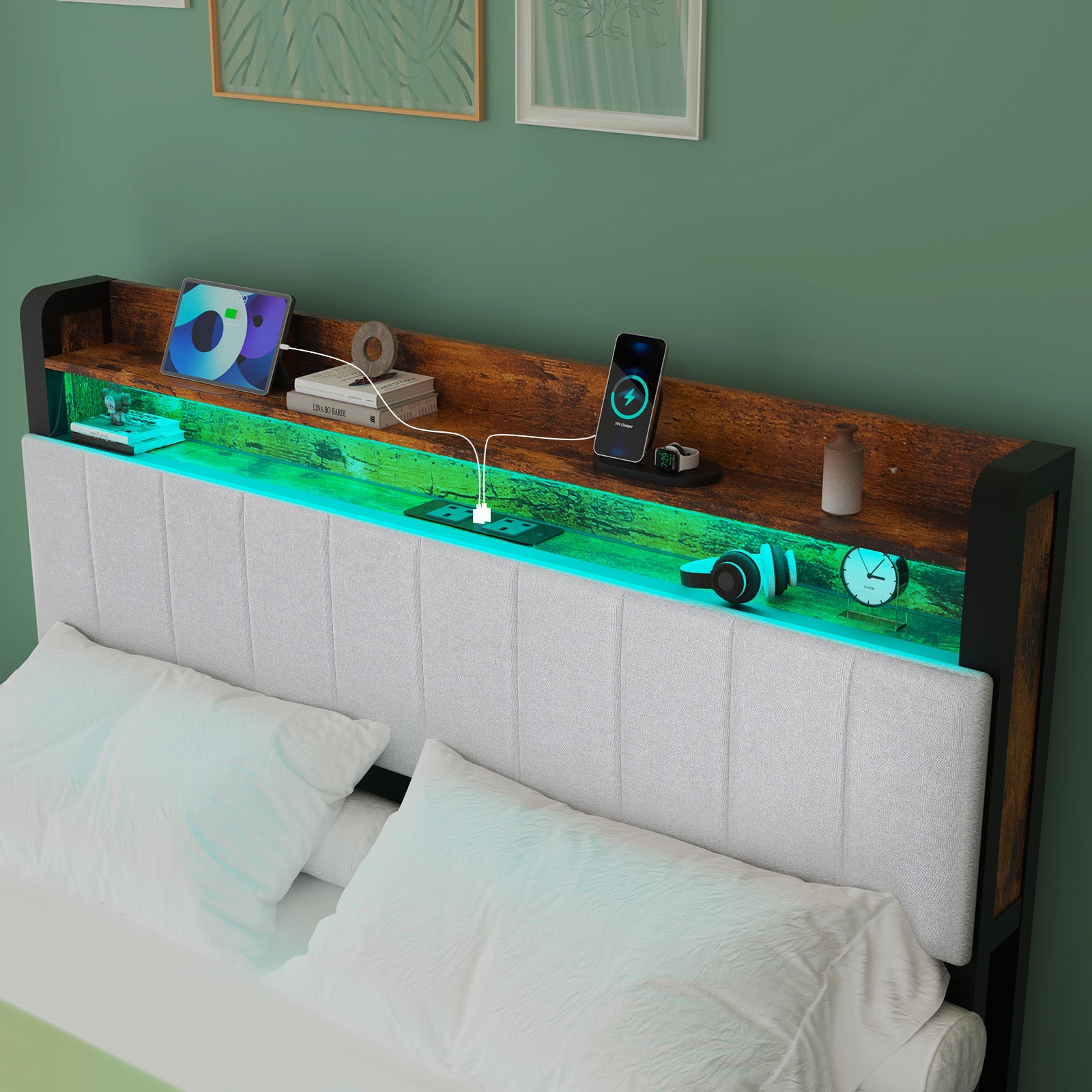 OYAJIA Storage Bed Frame with LED Headboard, 4 Drawers, Shelves and Charging Ports