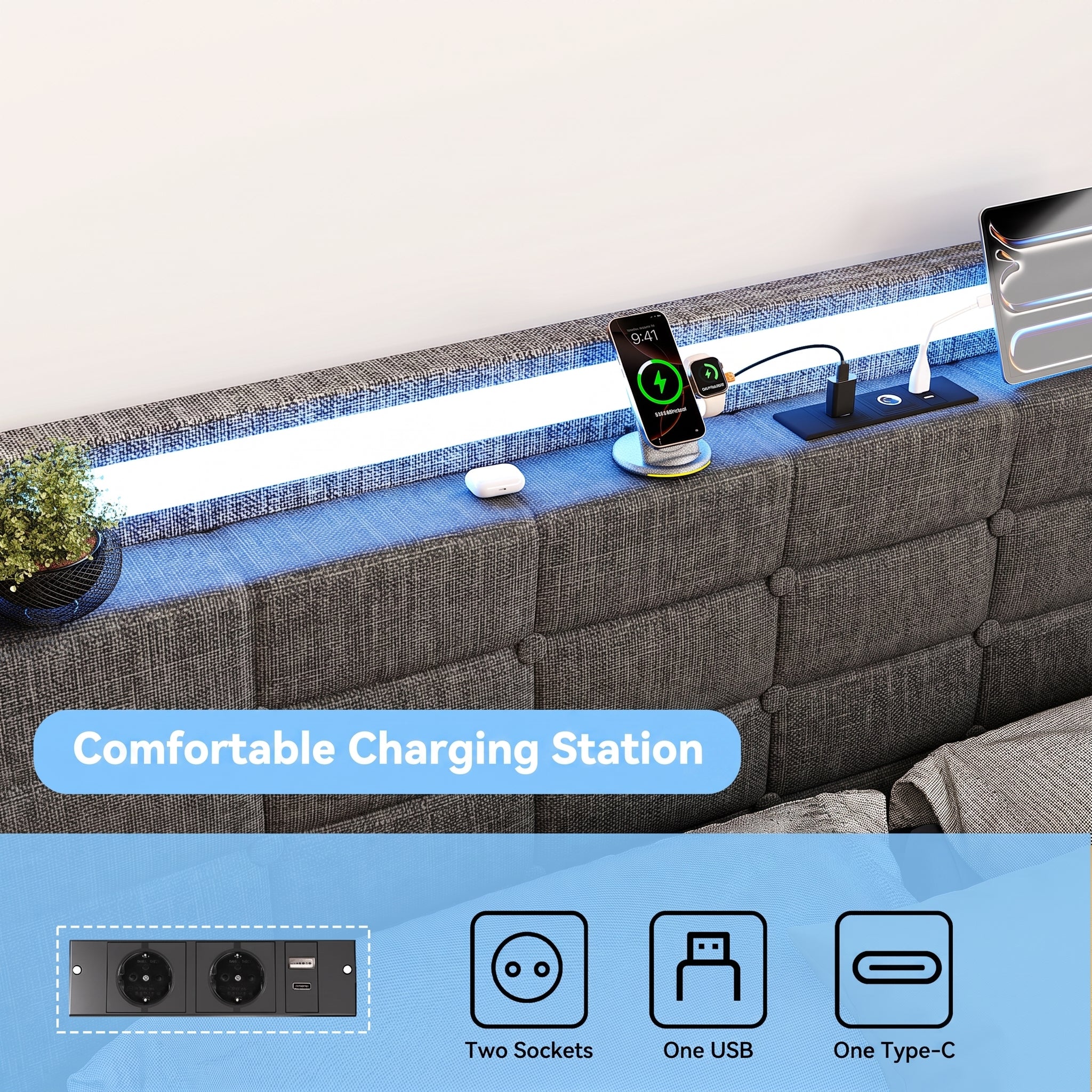 OYAJIA Upholstered Storage Bed Frame with Drawer, RGB LED, and Charging Station