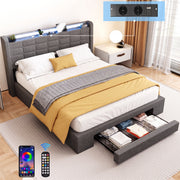 OYAJIA Upholstered Storage Bed Frame with Drawer, RGB LED, and Charging Station