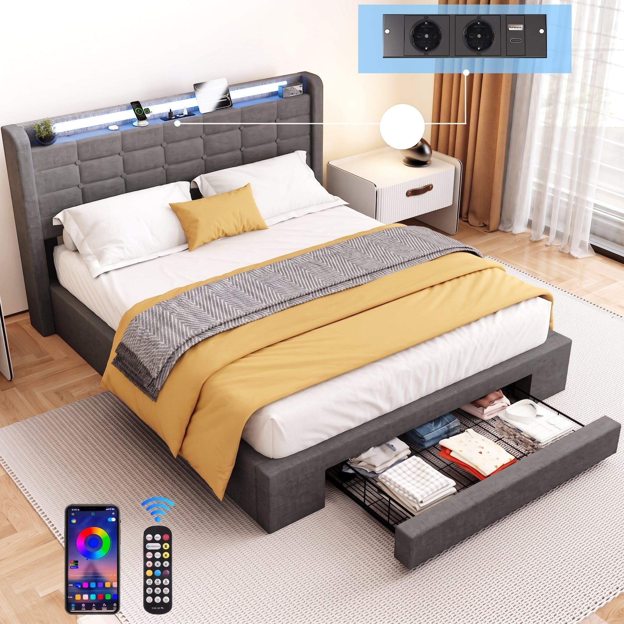 OYAJIA Upholstered Storage Bed Frame with Drawer, RGB LED, and Charging Station