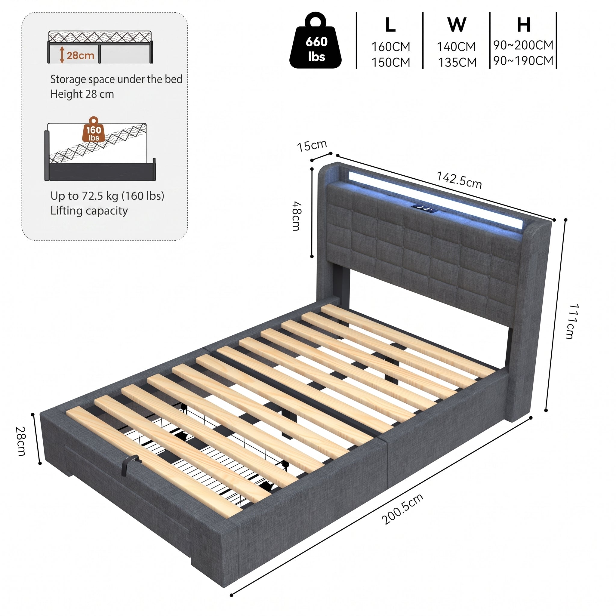 OYAJIA Upholstered Storage Bed Frame with Drawer, RGB LED, and Charging Station
