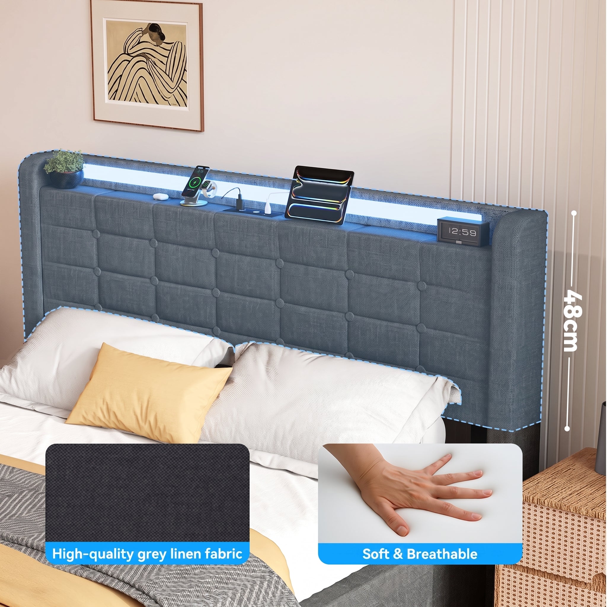 OYAJIA Upholstered Storage Bed Frame with Drawer, RGB LED, and Charging Station