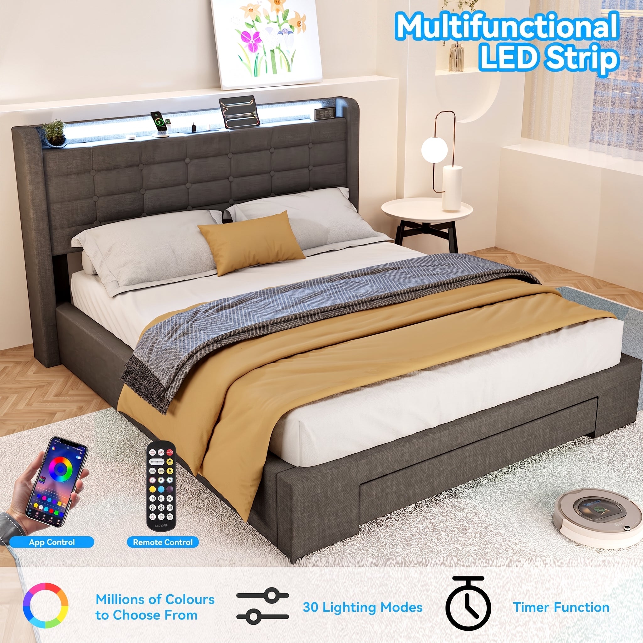 OYAJIA Upholstered Storage Bed Frame with Drawer, RGB LED, and Charging Station