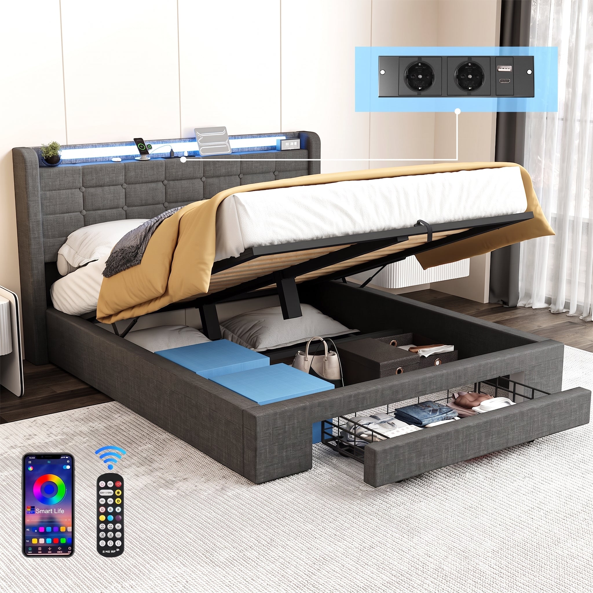 OYAJIA Upholstered Storage Bed Frame with Drawer, RGB LED, and Charging Station