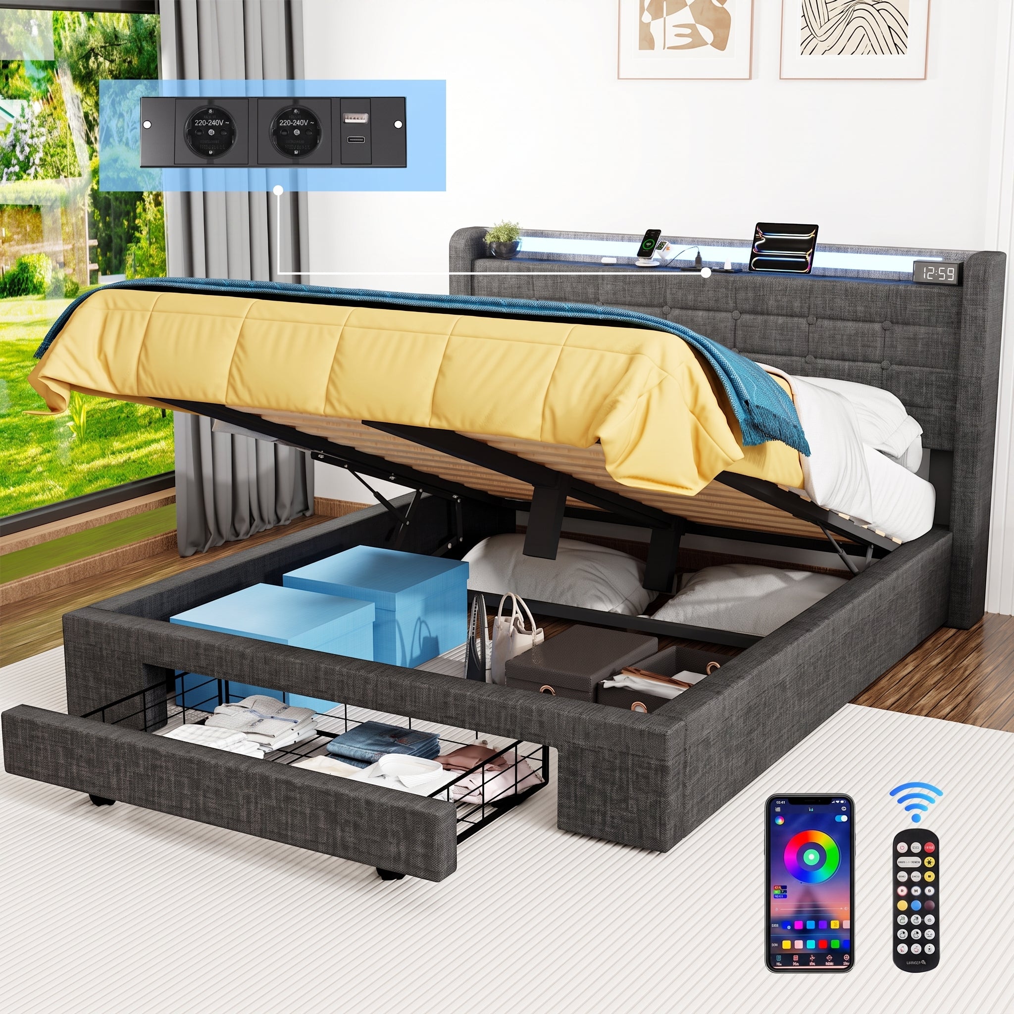 OYAJIA Upholstered Storage Bed Frame with Drawer, RGB LED, and Charging Station