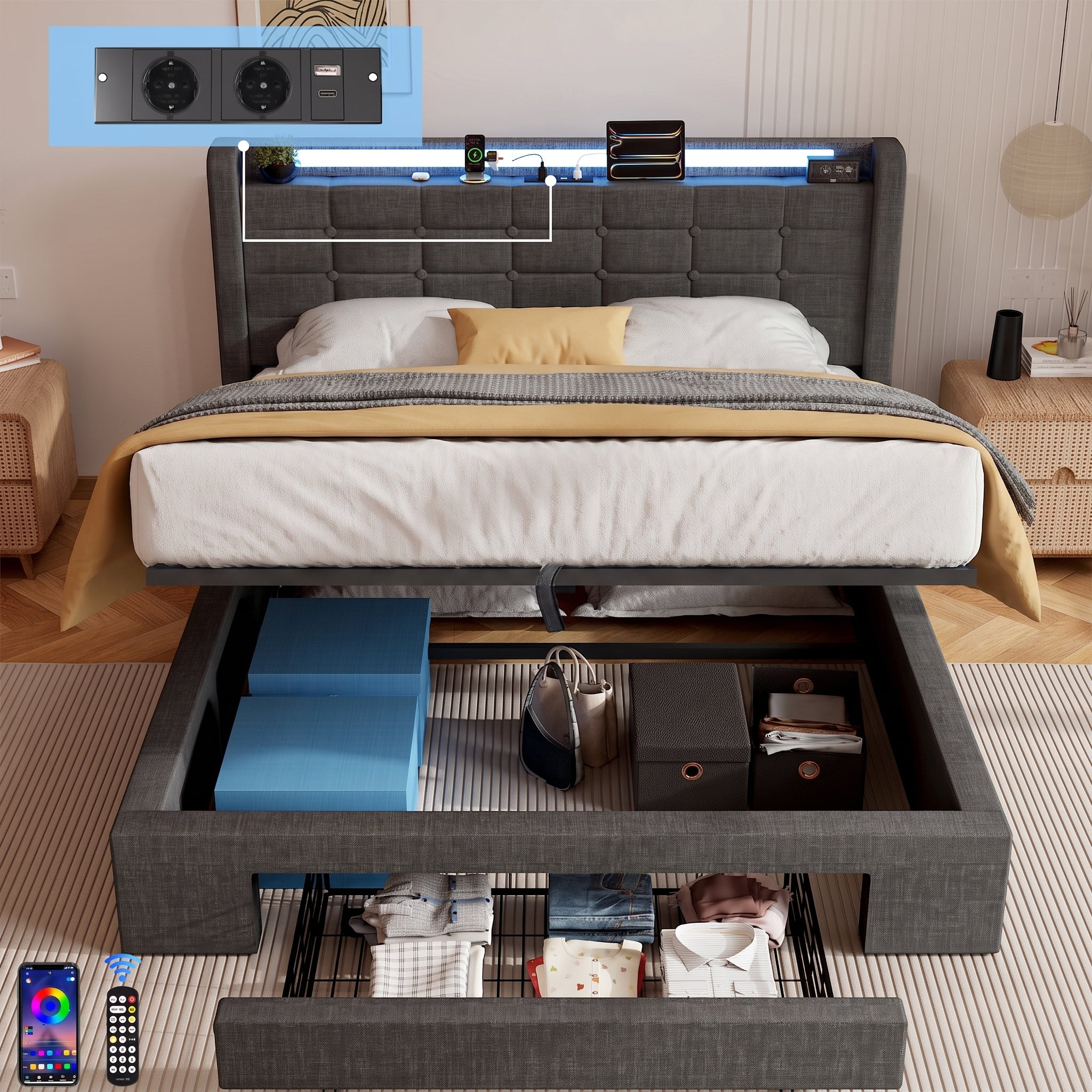 OYAJIA Upholstered Storage Bed Frame with Drawer, RGB LED, and Charging Station