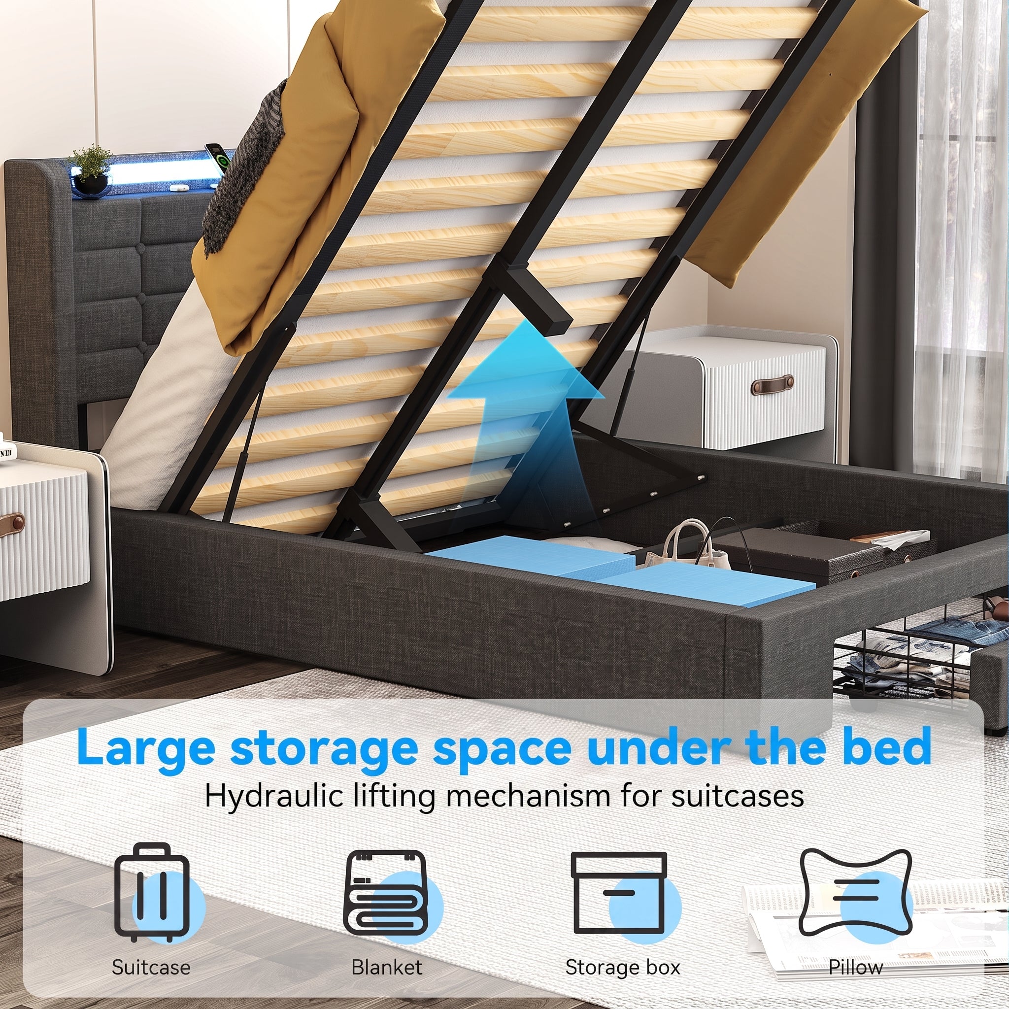 OYAJIA Upholstered Storage Bed Frame with Drawer, RGB LED, and Charging Station