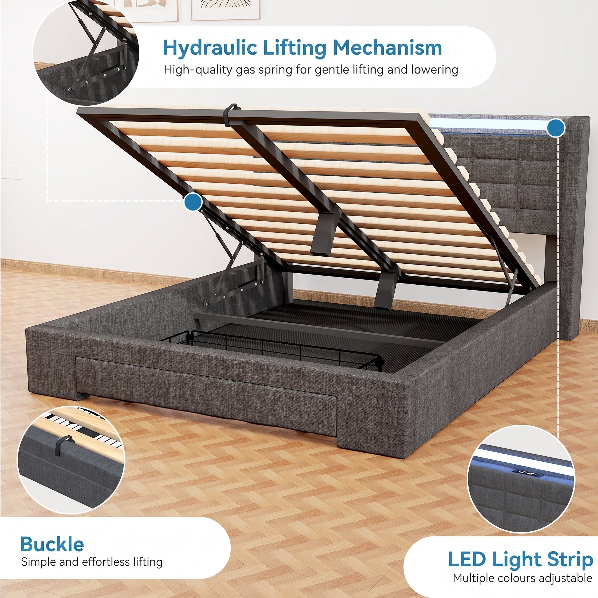 OYAJIA Upholstered Storage Bed Frame with Drawer, RGB LED, and Charging Station