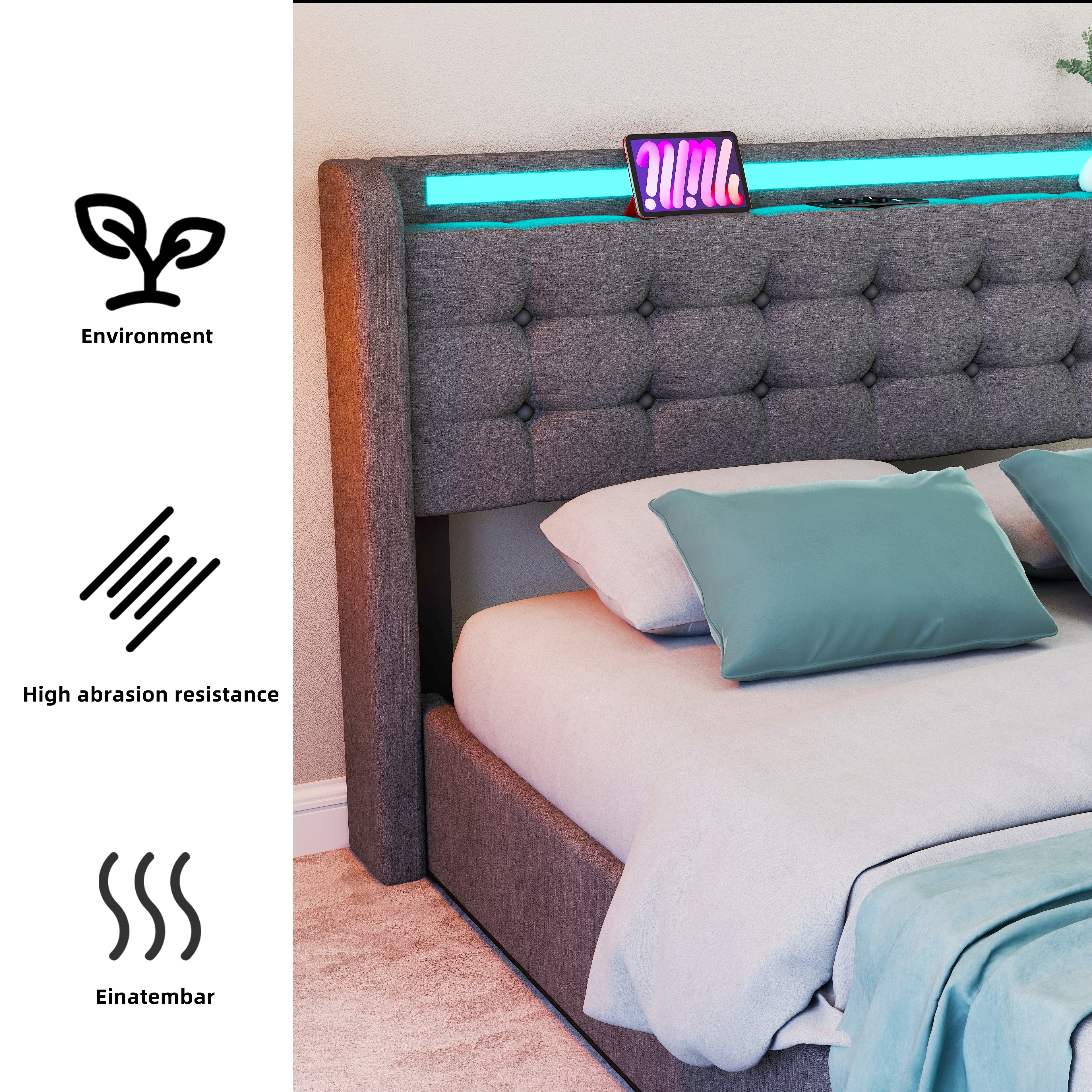 OYAJIA Storage Bed Frame with LED Lighting, Hydraulic Lift and Charging Station