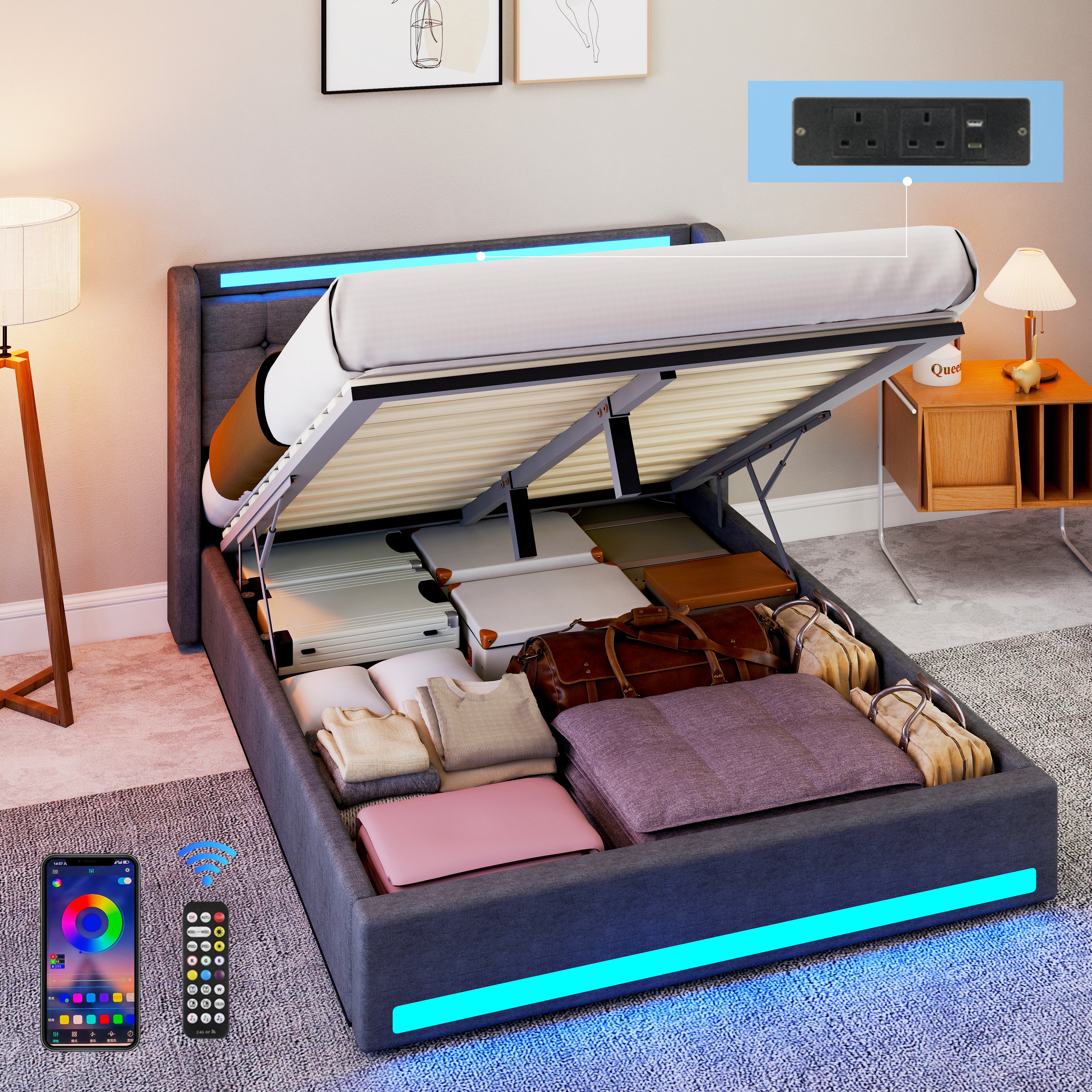 OYAJIA Storage Bed Frame with LED Lighting, Hydraulic Lift and Charging Station
