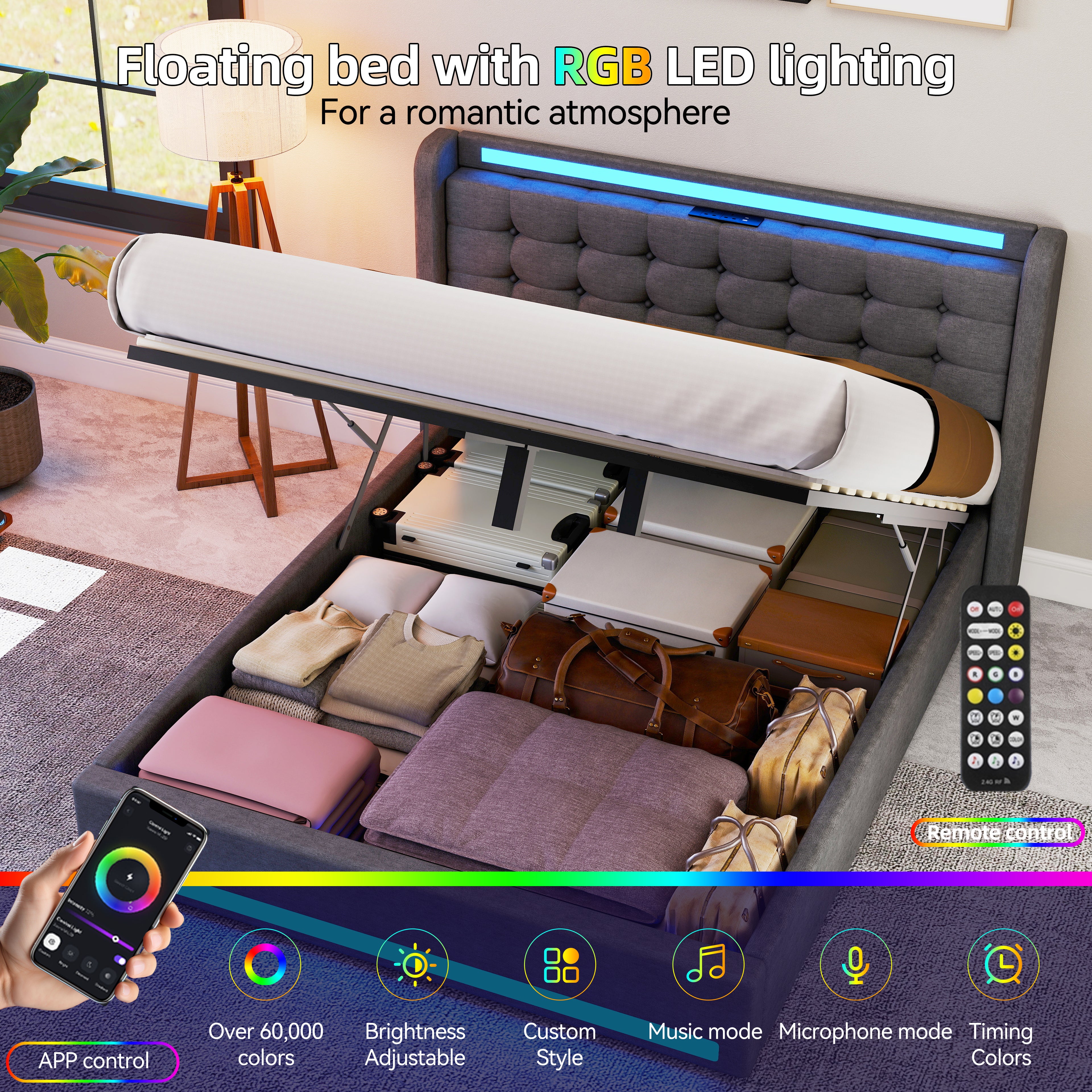 OYAJIA Storage Bed Frame with LED Lighting, Hydraulic Lift and Charging Station