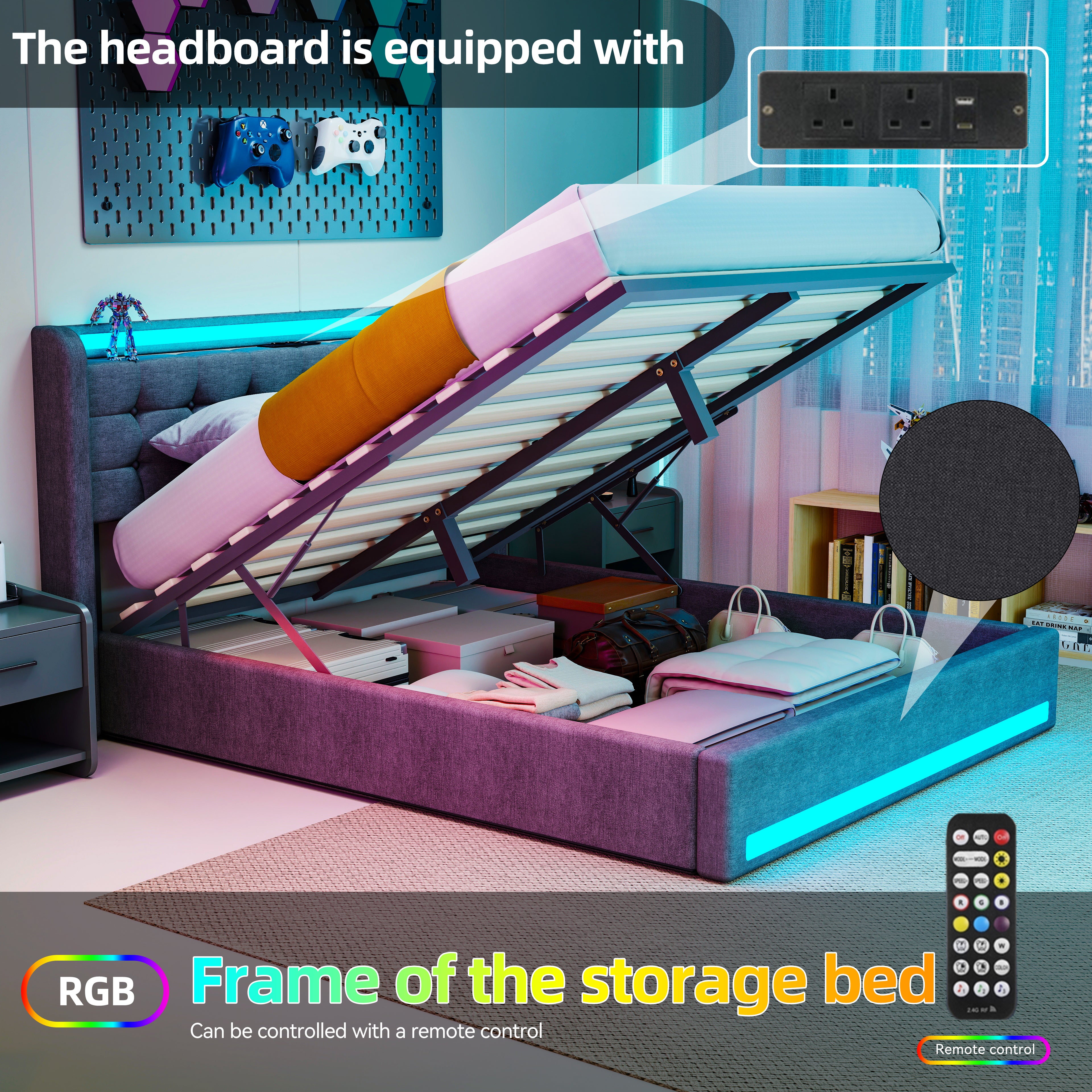 OYAJIA Storage Bed Frame with LED Lighting, Hydraulic Lift and Charging Station