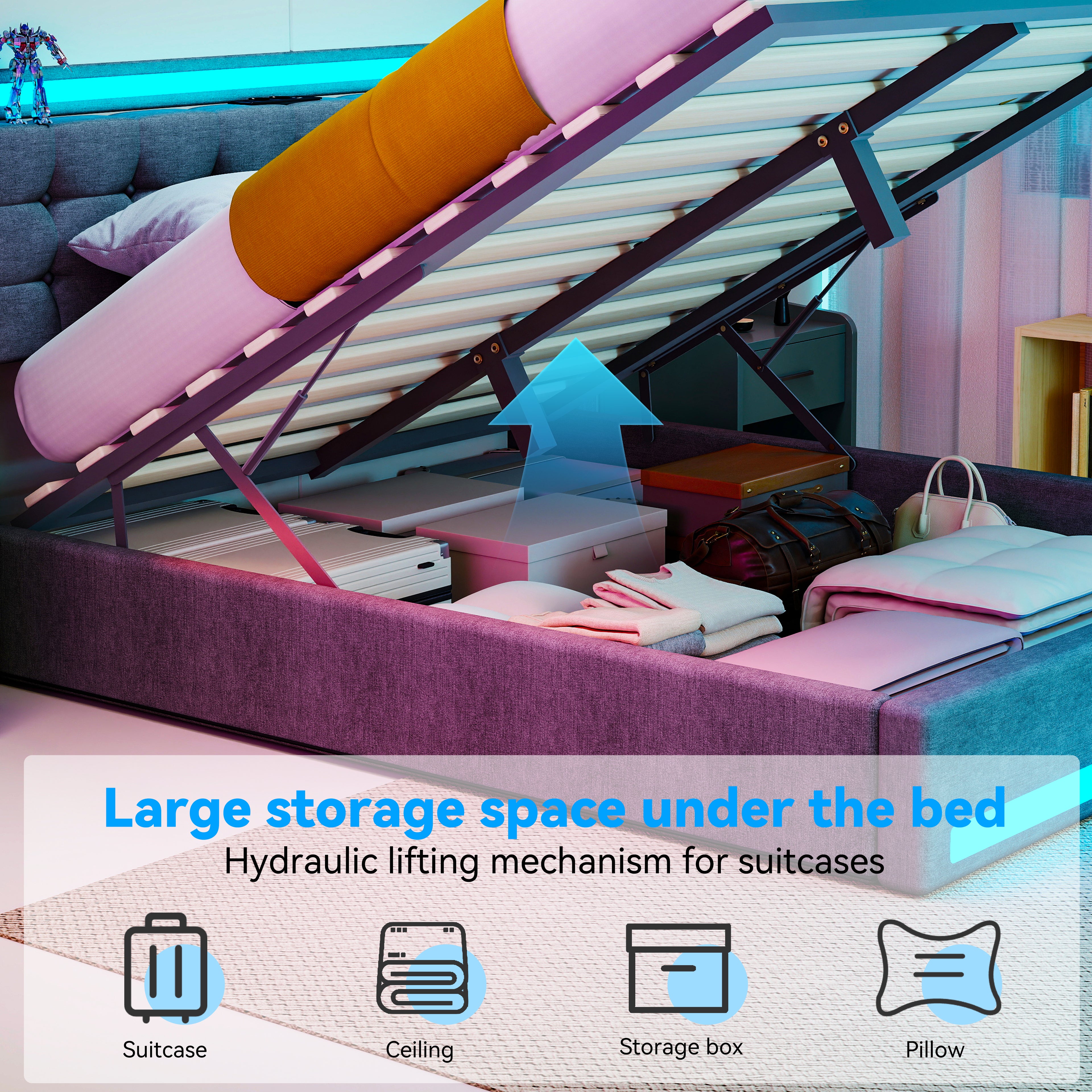 OYAJIA Storage Bed Frame with LED Lighting, Hydraulic Lift and Charging Station