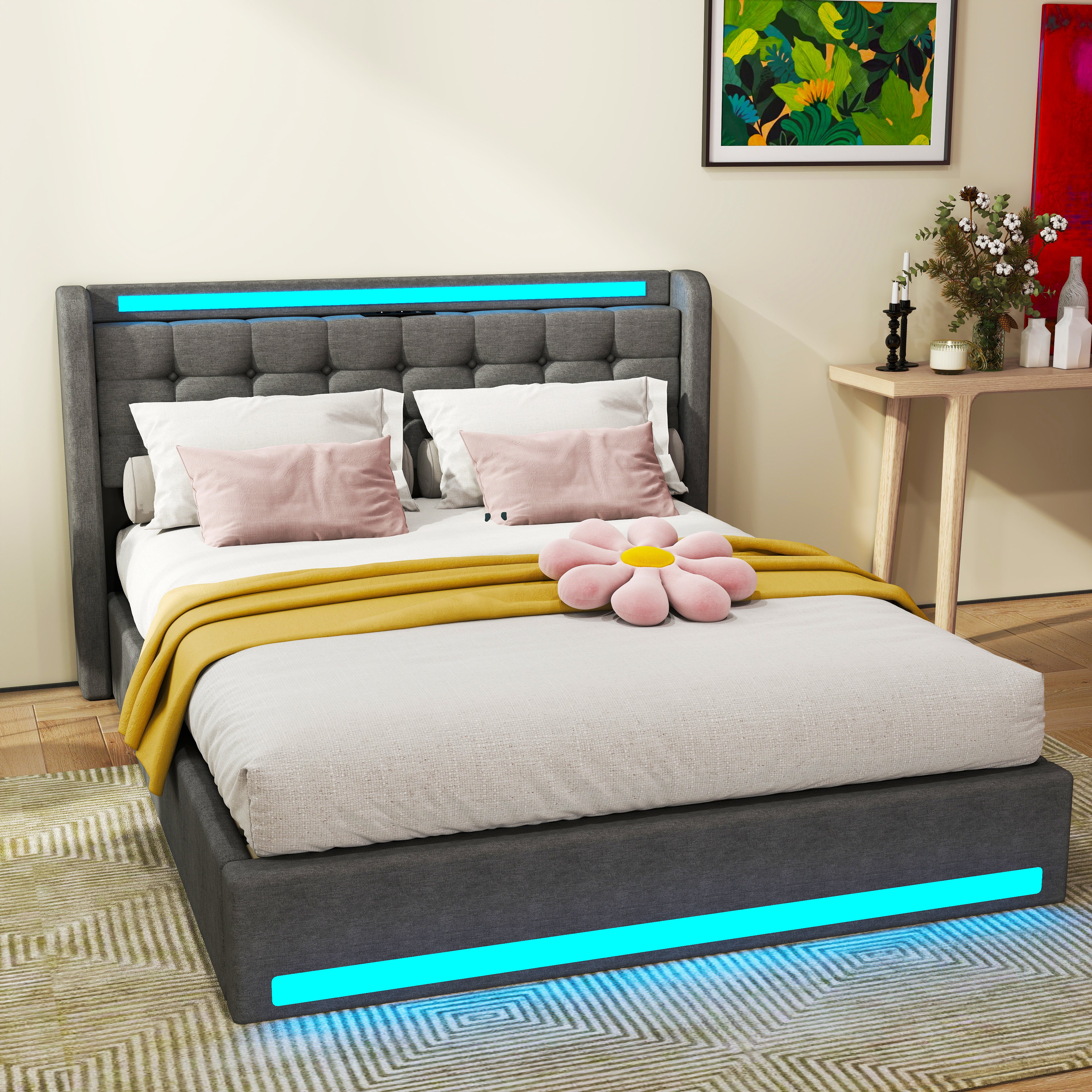 OYAJIA Storage Bed Frame with LED Lighting, Hydraulic Lift and Charging Station