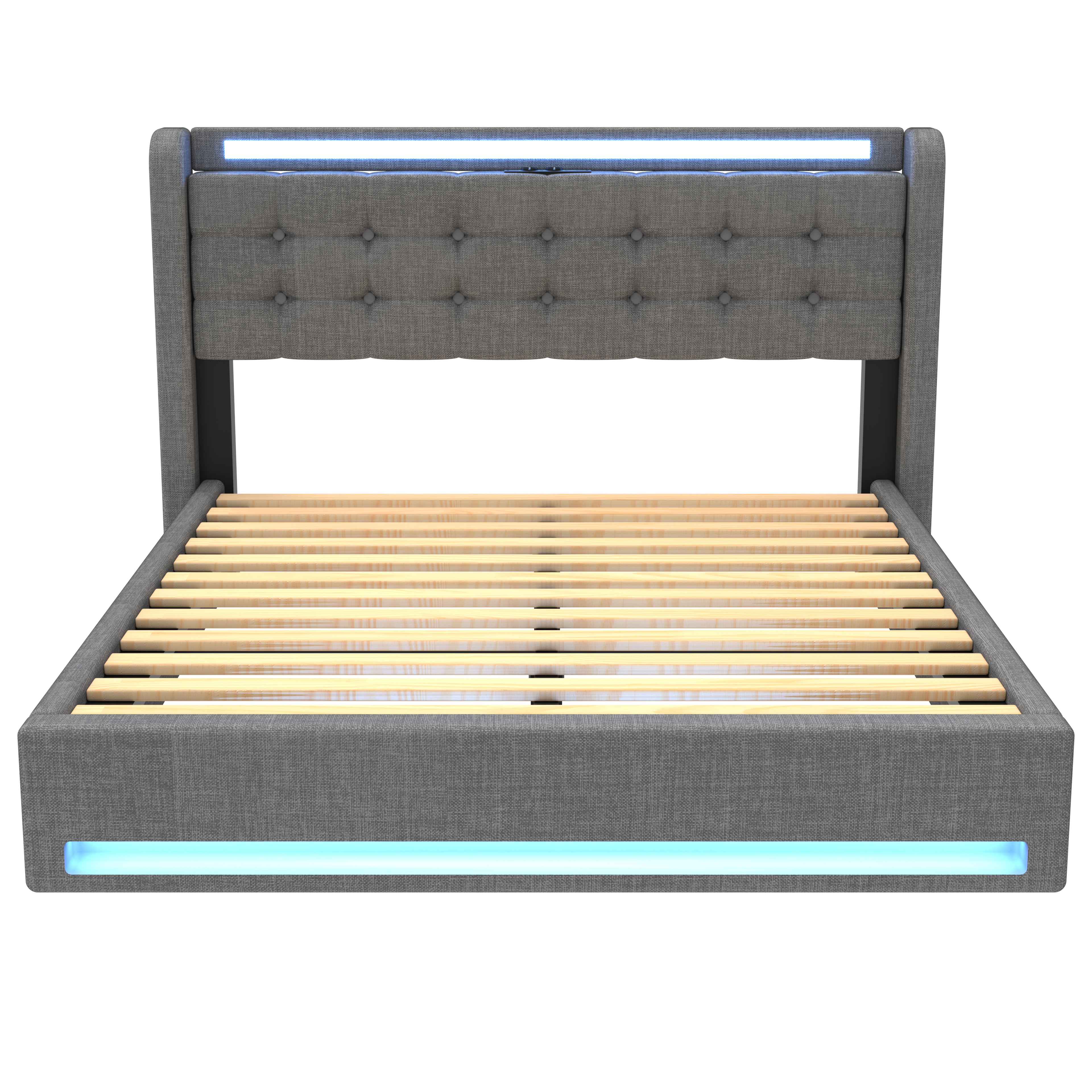 OYAJIA Storage Bed Frame with LED Lighting, Hydraulic Lift and Charging Station