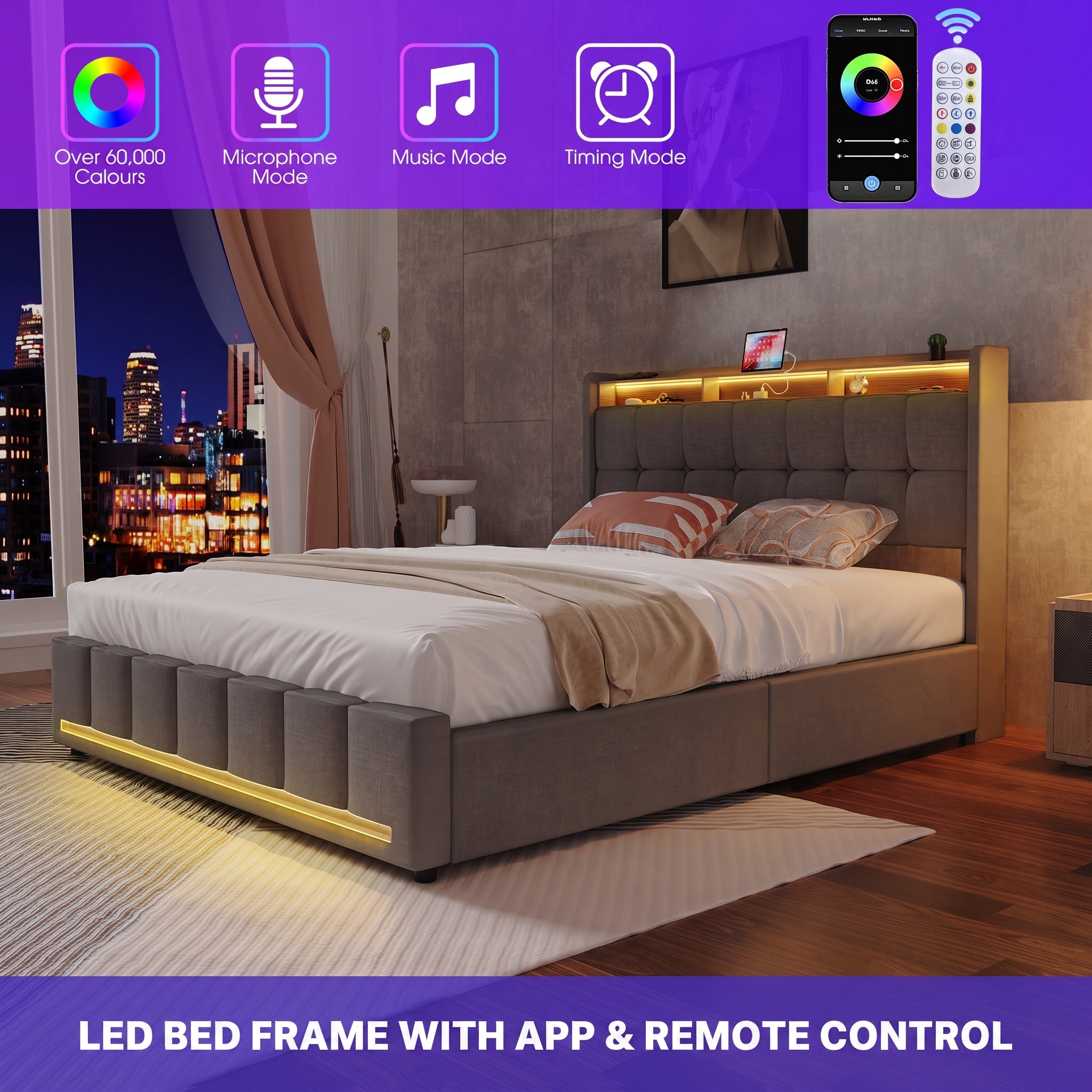 OYAJIA Upholstered Storage Bed with 4 Drawers, Headboard and Charging Station