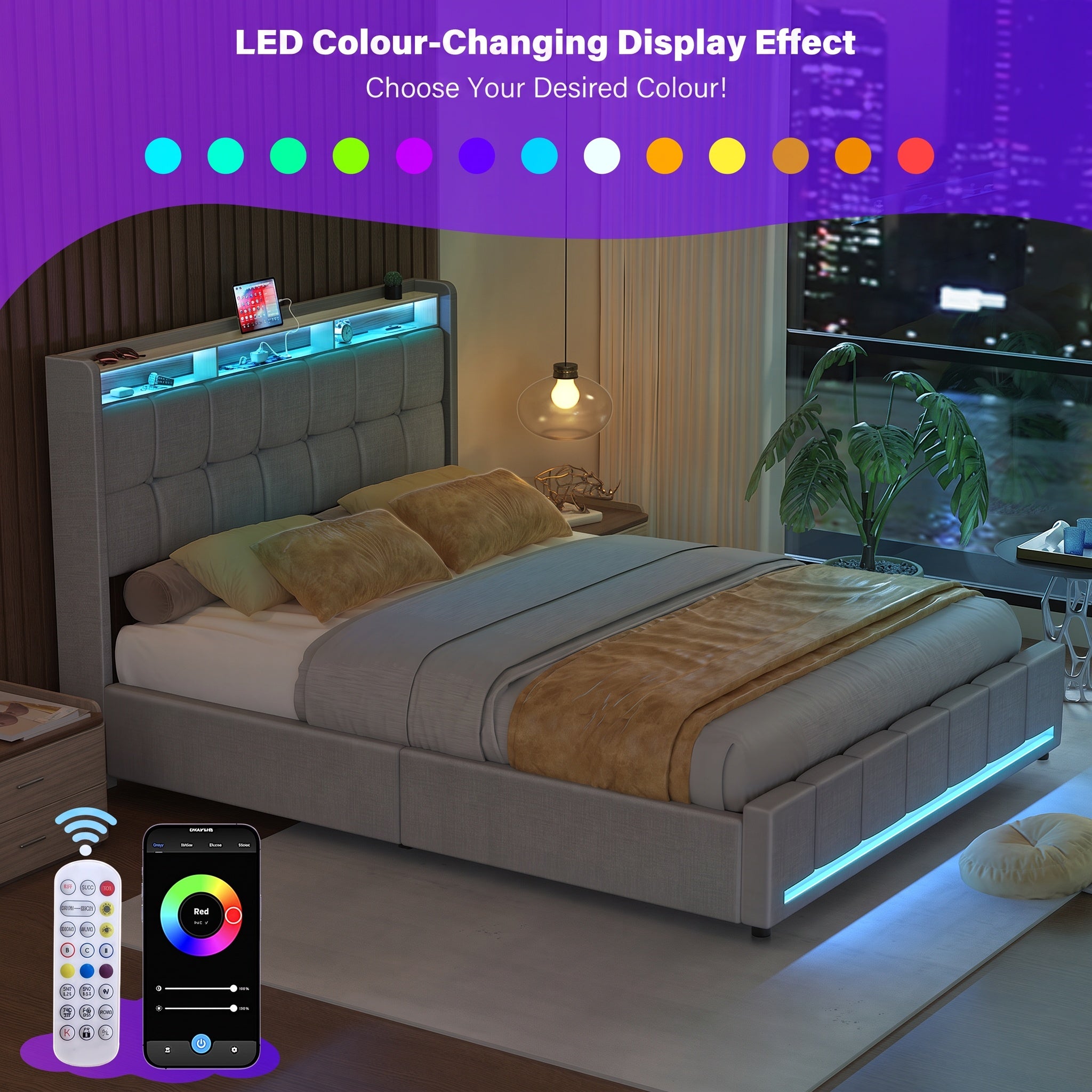 OYAJIA Upholstered Storage Bed with 4 Drawers, Headboard and Charging Station