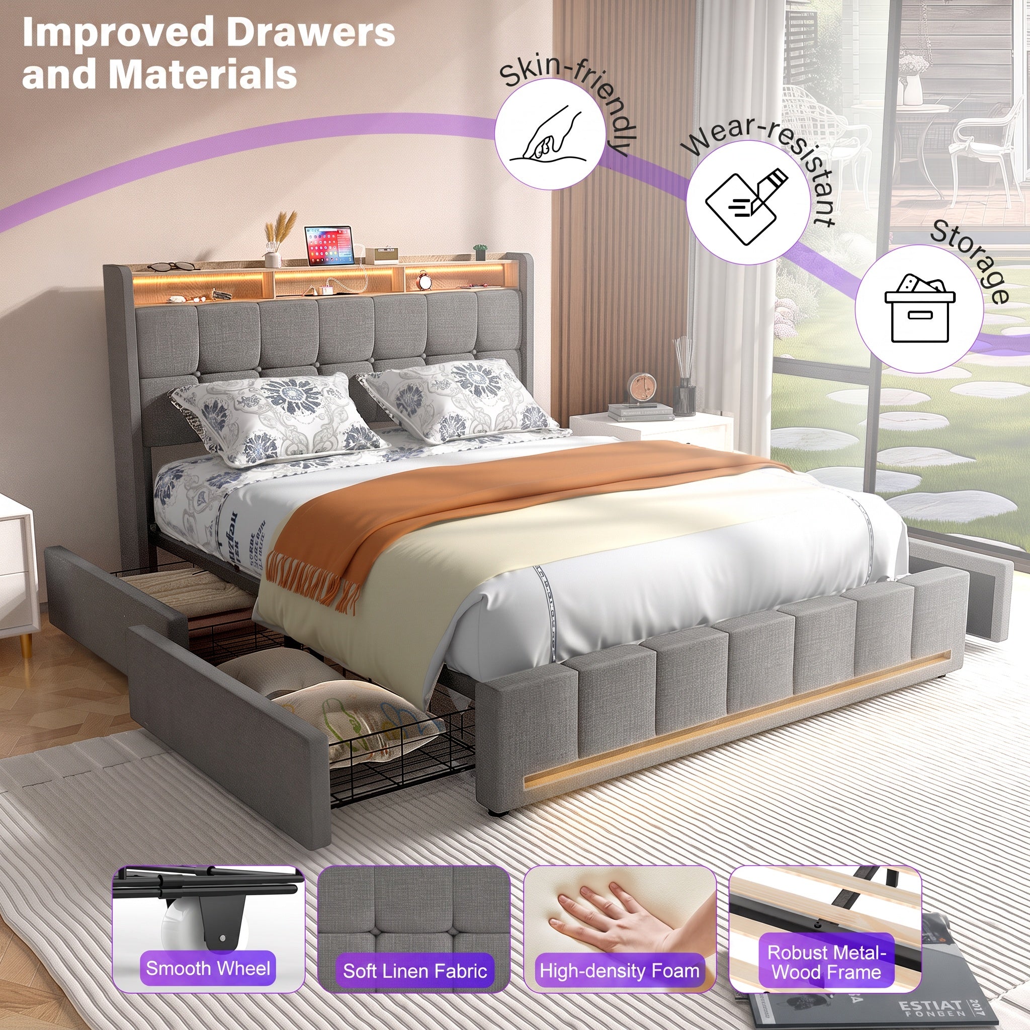 OYAJIA Upholstered Storage Bed with 4 Drawers, Headboard and Charging Station