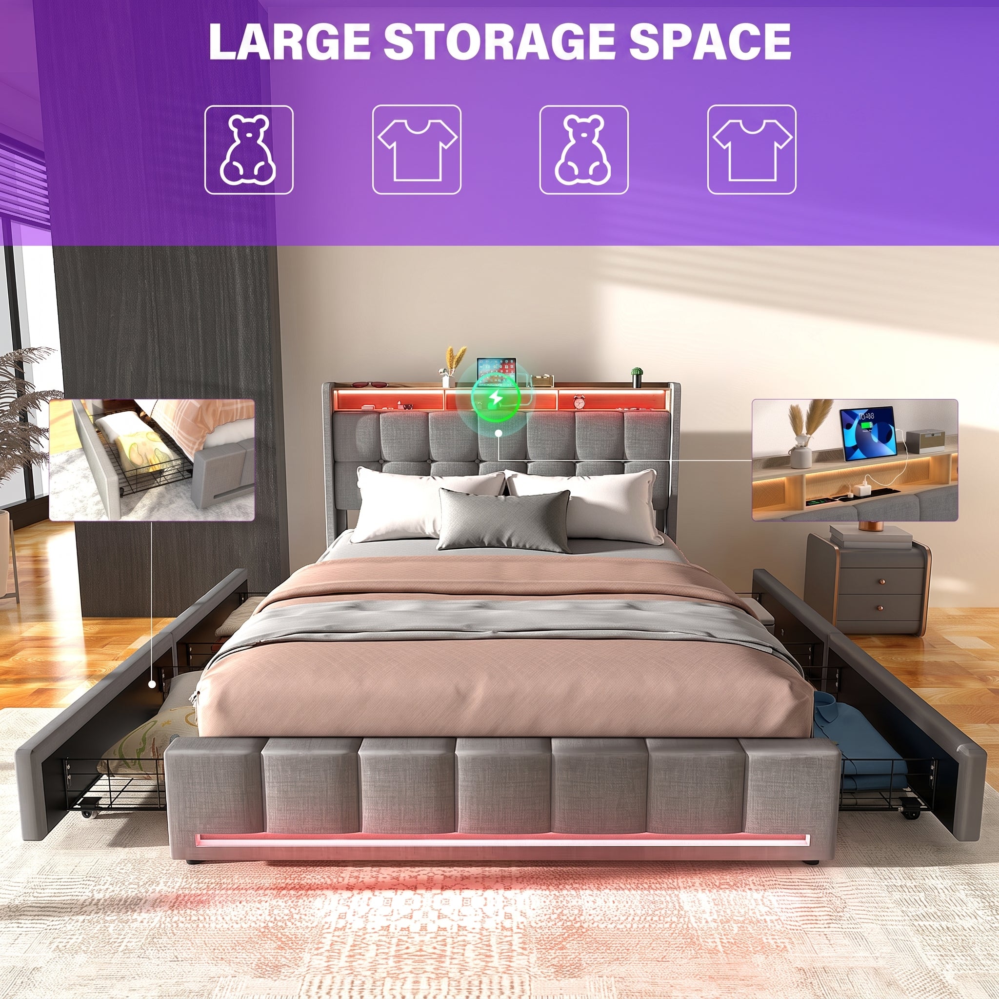 OYAJIA Upholstered Storage Bed with 4 Drawers, Headboard and Charging Station