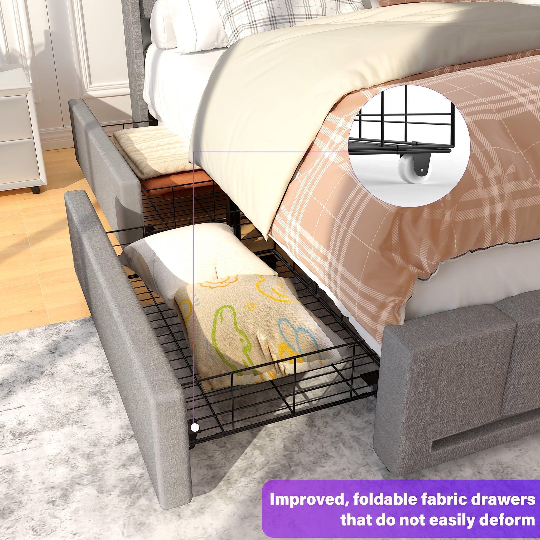 OYAJIA Upholstered Storage Bed with 4 Drawers, Headboard and Charging Station
