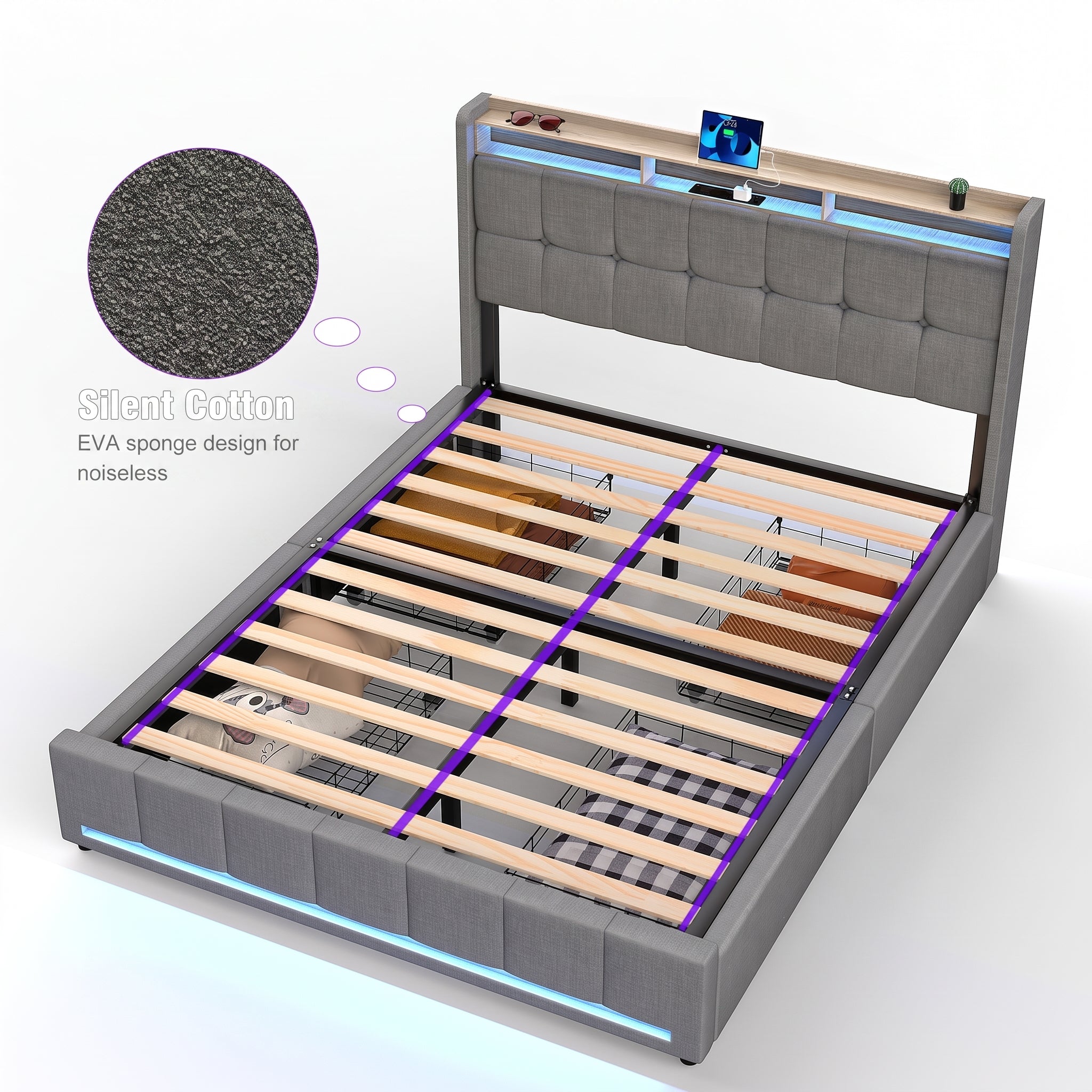 OYAJIA Upholstered Storage Bed with 4 Drawers, Headboard and Charging Station