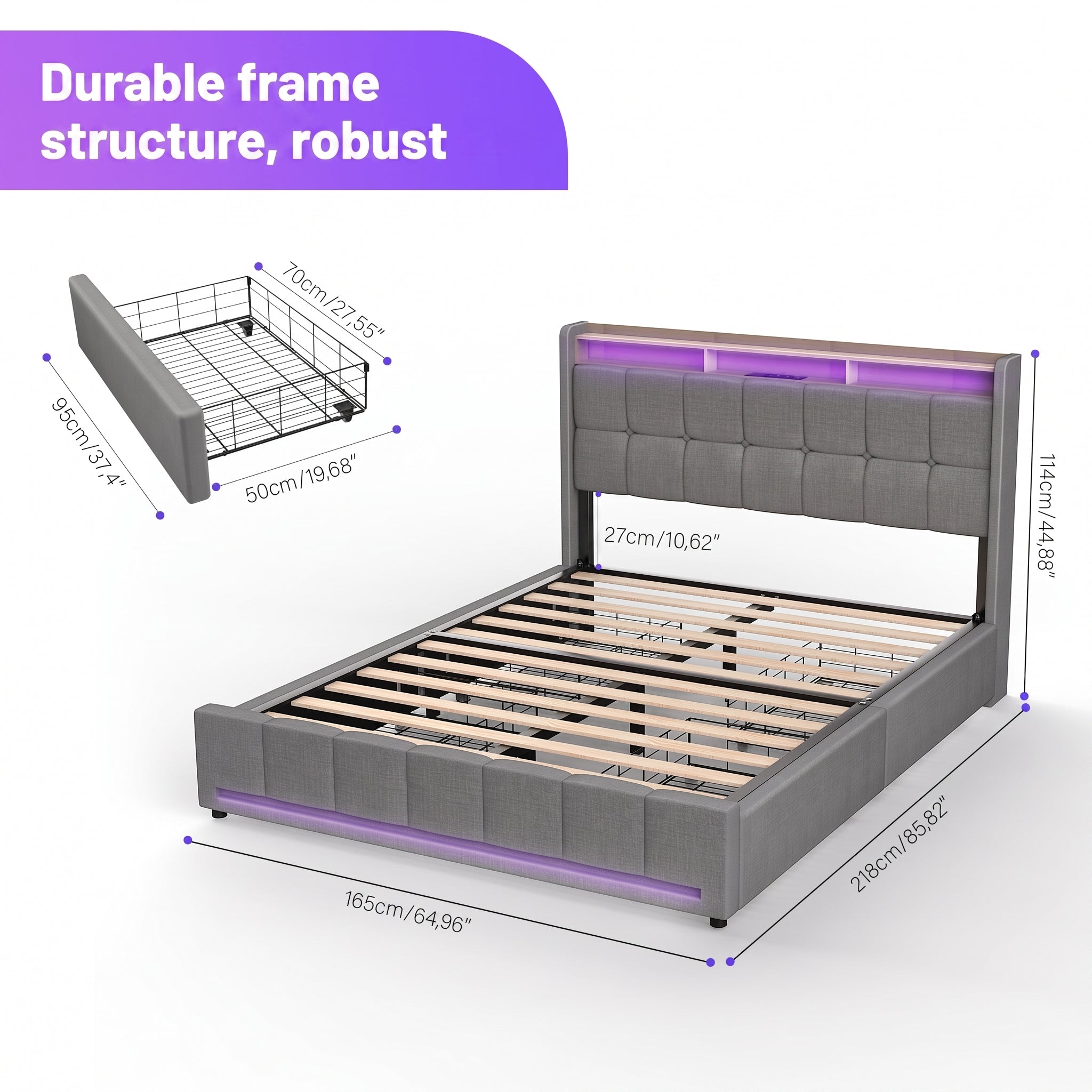 OYAJIA Upholstered Storage Bed with 4 Drawers, Headboard and Charging Station