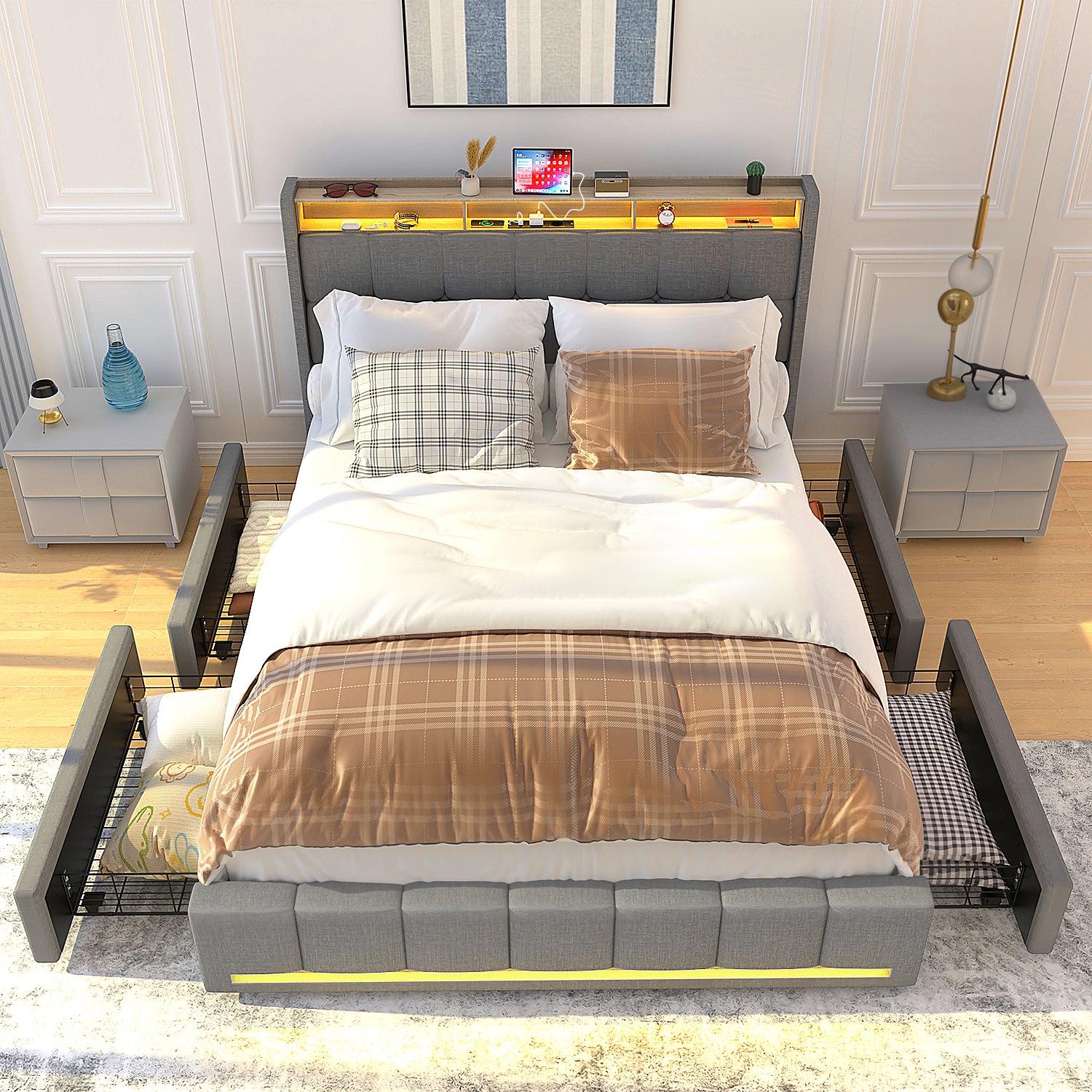 OYAJIA Upholstered Storage Bed with 4 Drawers, Headboard and Charging Station