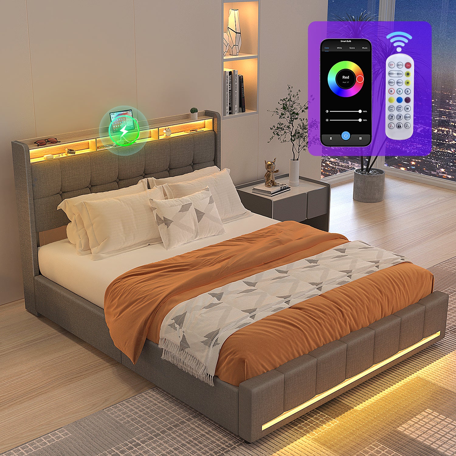OYAJIA Upholstered Storage Bed with 4 Drawers, Headboard and Charging Station