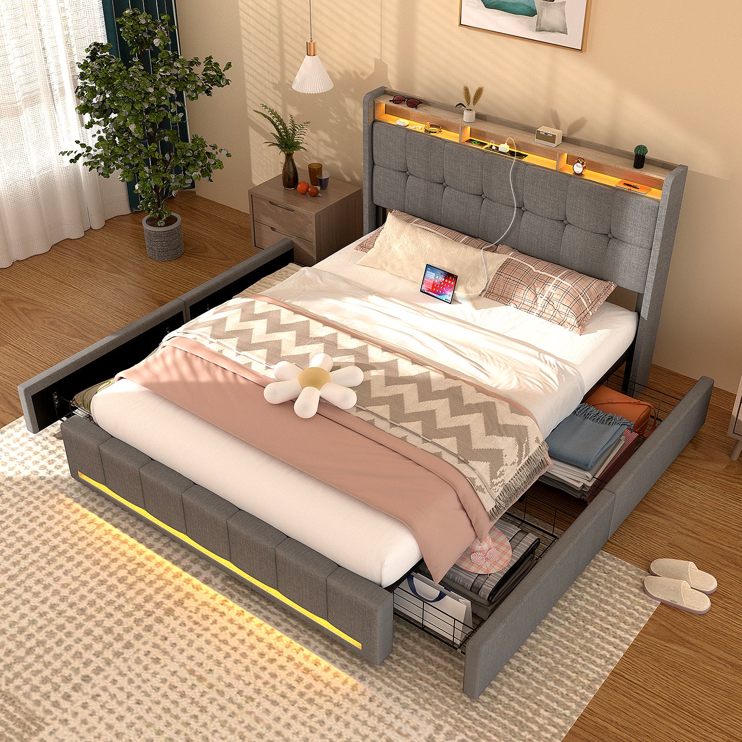 OYAJIA Upholstered Storage Bed with 4 Drawers, Headboard and Charging Station