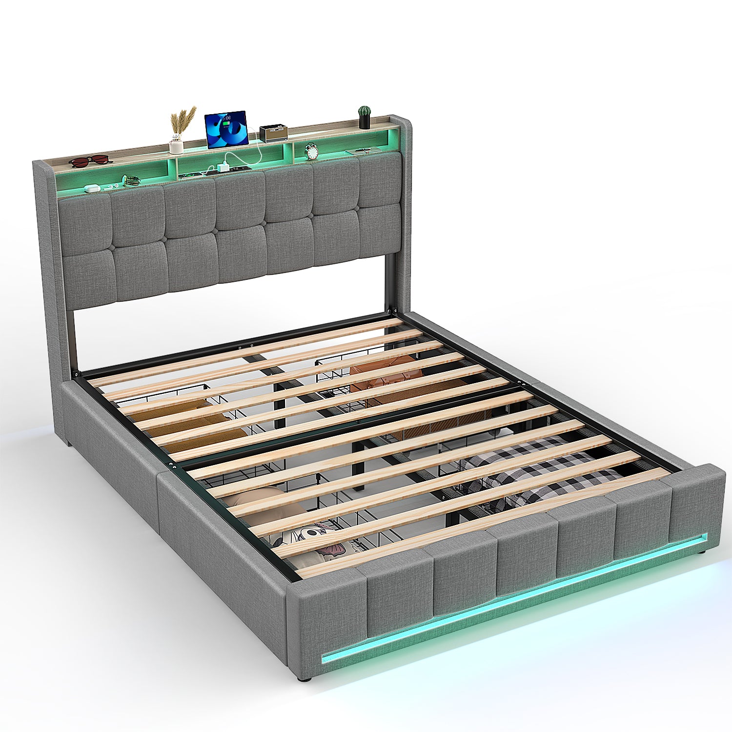 OYAJIA Upholstered Storage Bed with 4 Drawers, Headboard and Charging Station