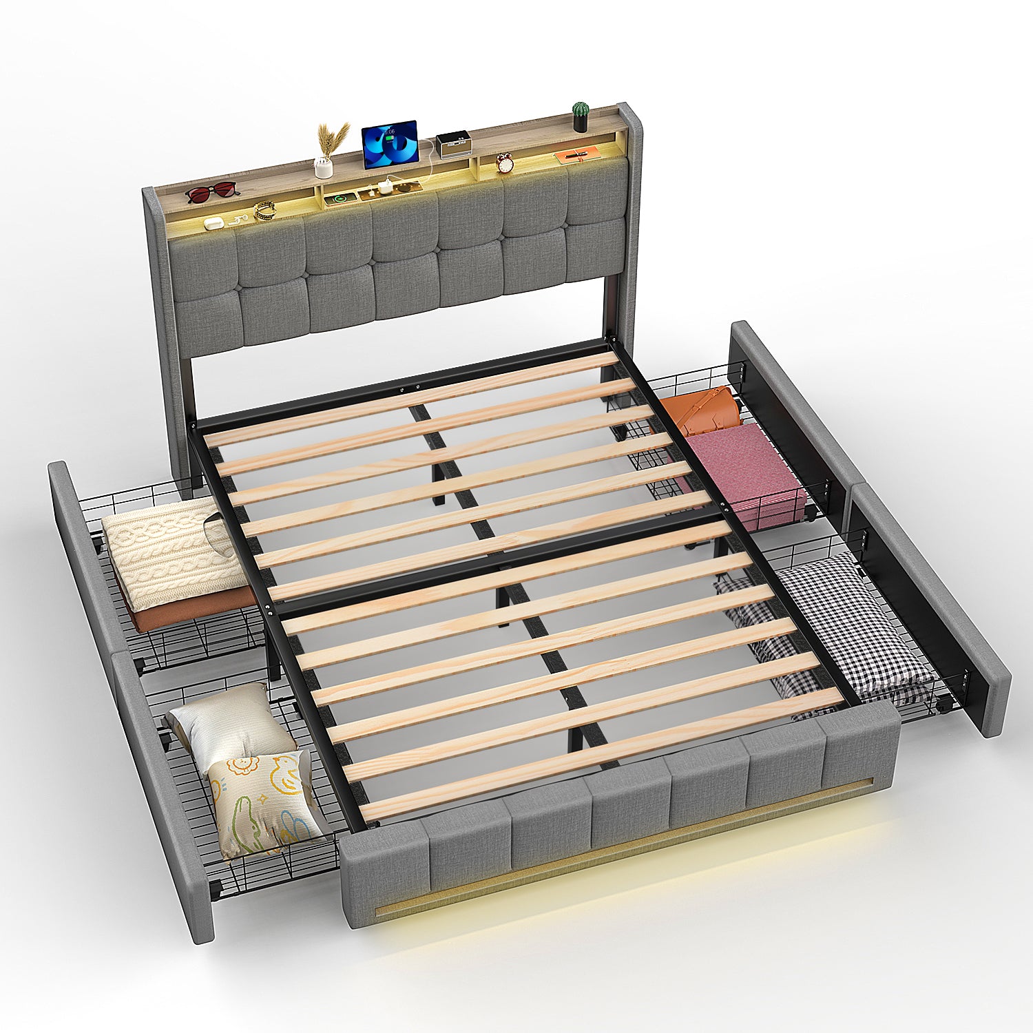 OYAJIA Upholstered Storage Bed with 4 Drawers, Headboard and Charging Station