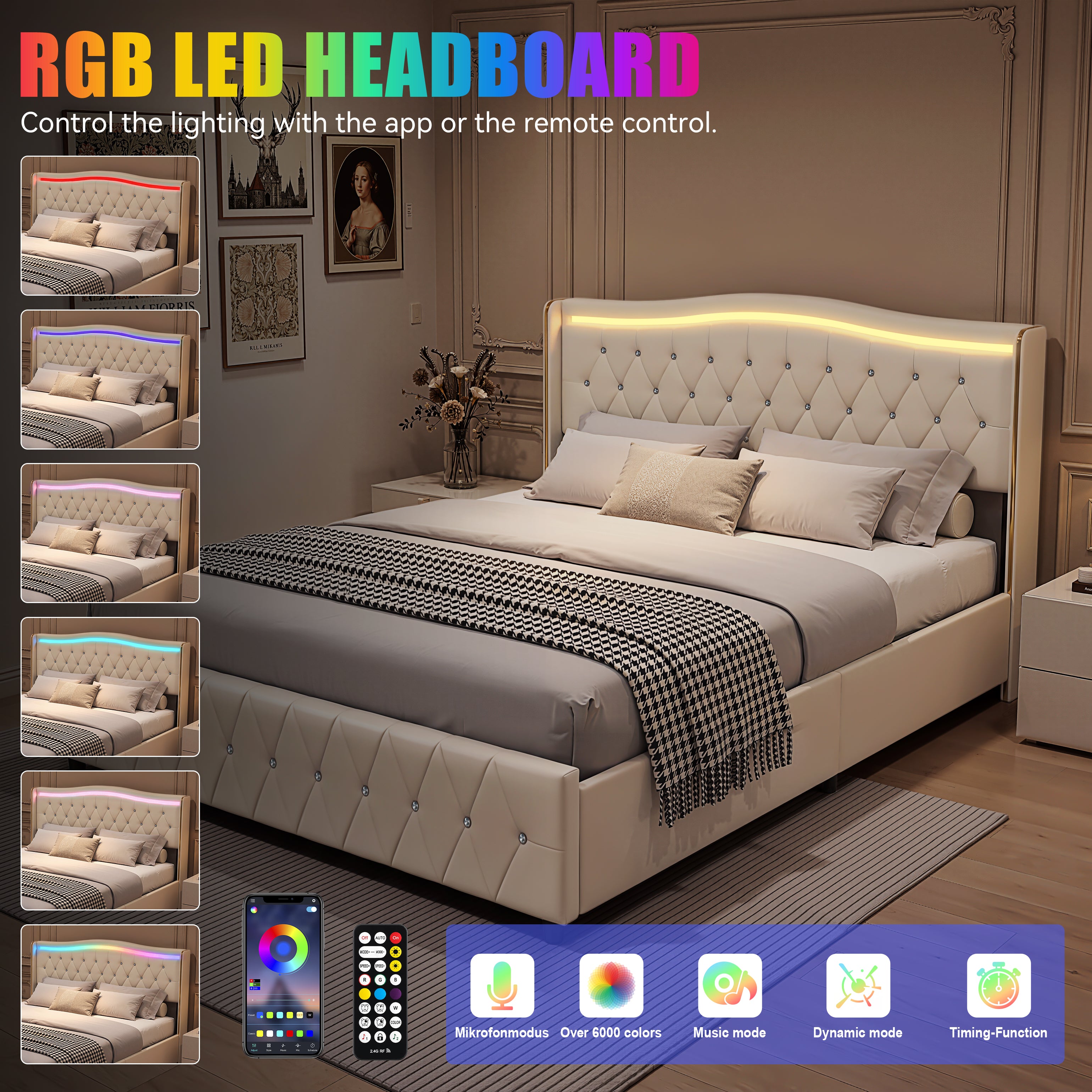 OYAJIA Chesterfield Storage Bed with RGB LED Headboard, Charging Station