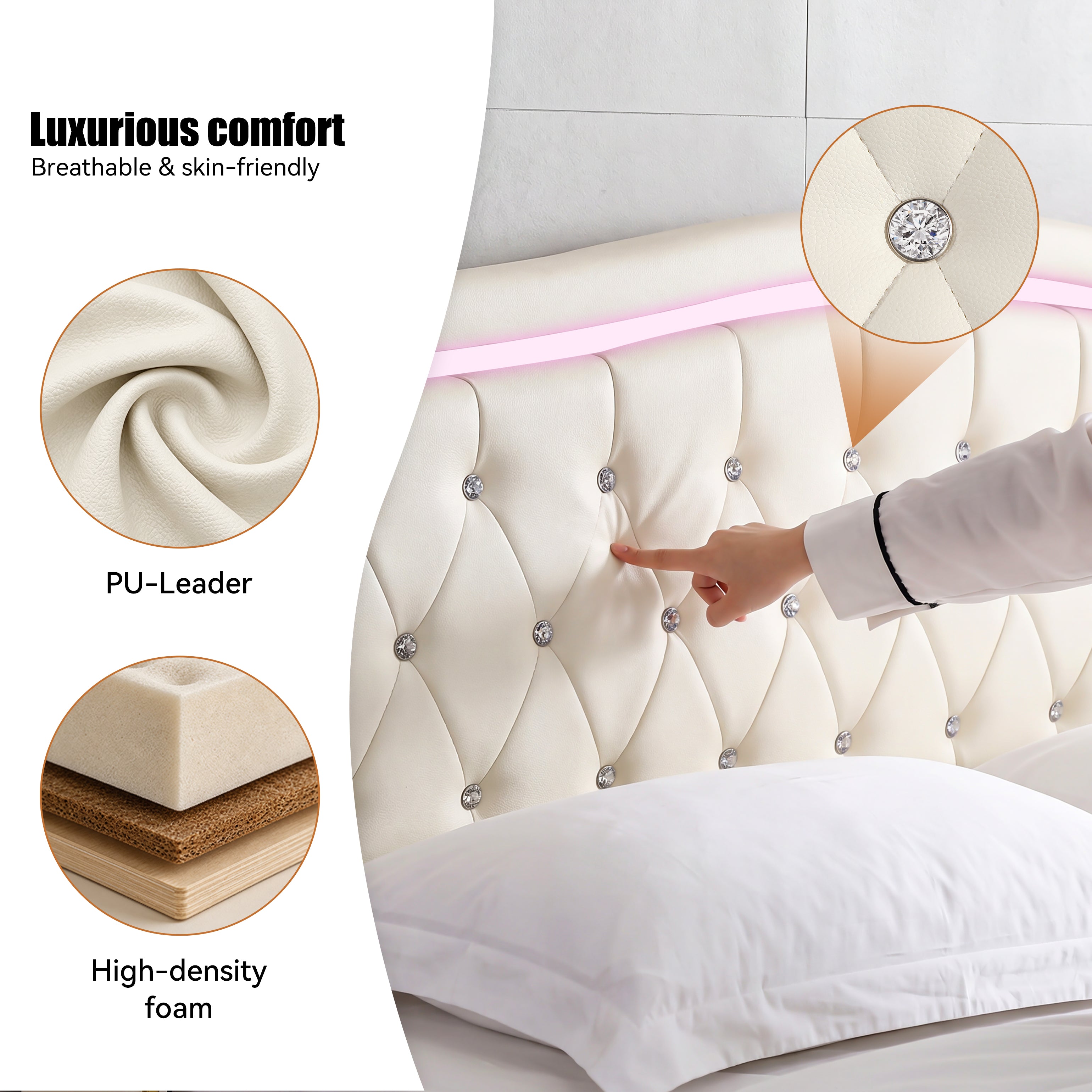OYAJIA Chesterfield Storage Bed with RGB LED Headboard, Charging Station