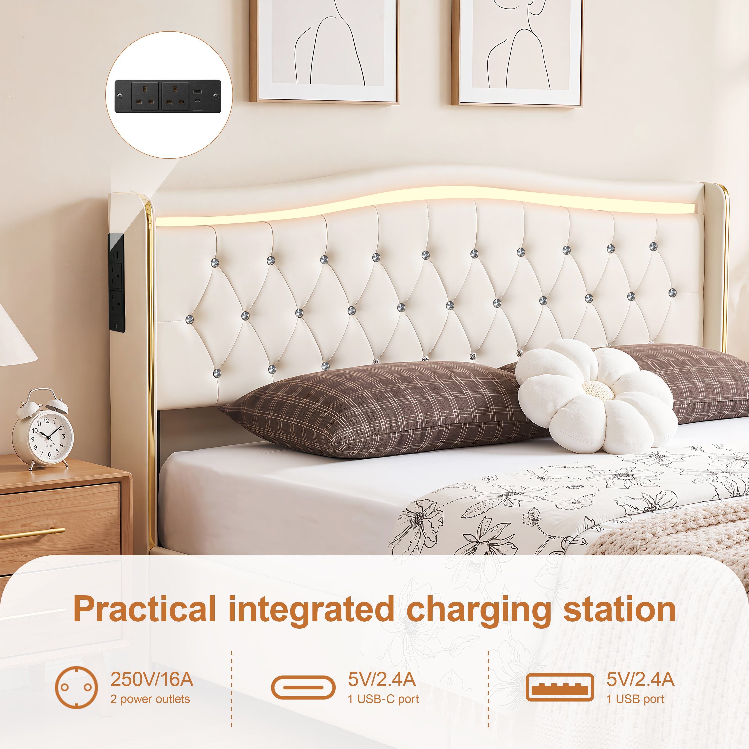 OYAJIA Chesterfield Storage Bed with RGB LED Headboard, Charging Station