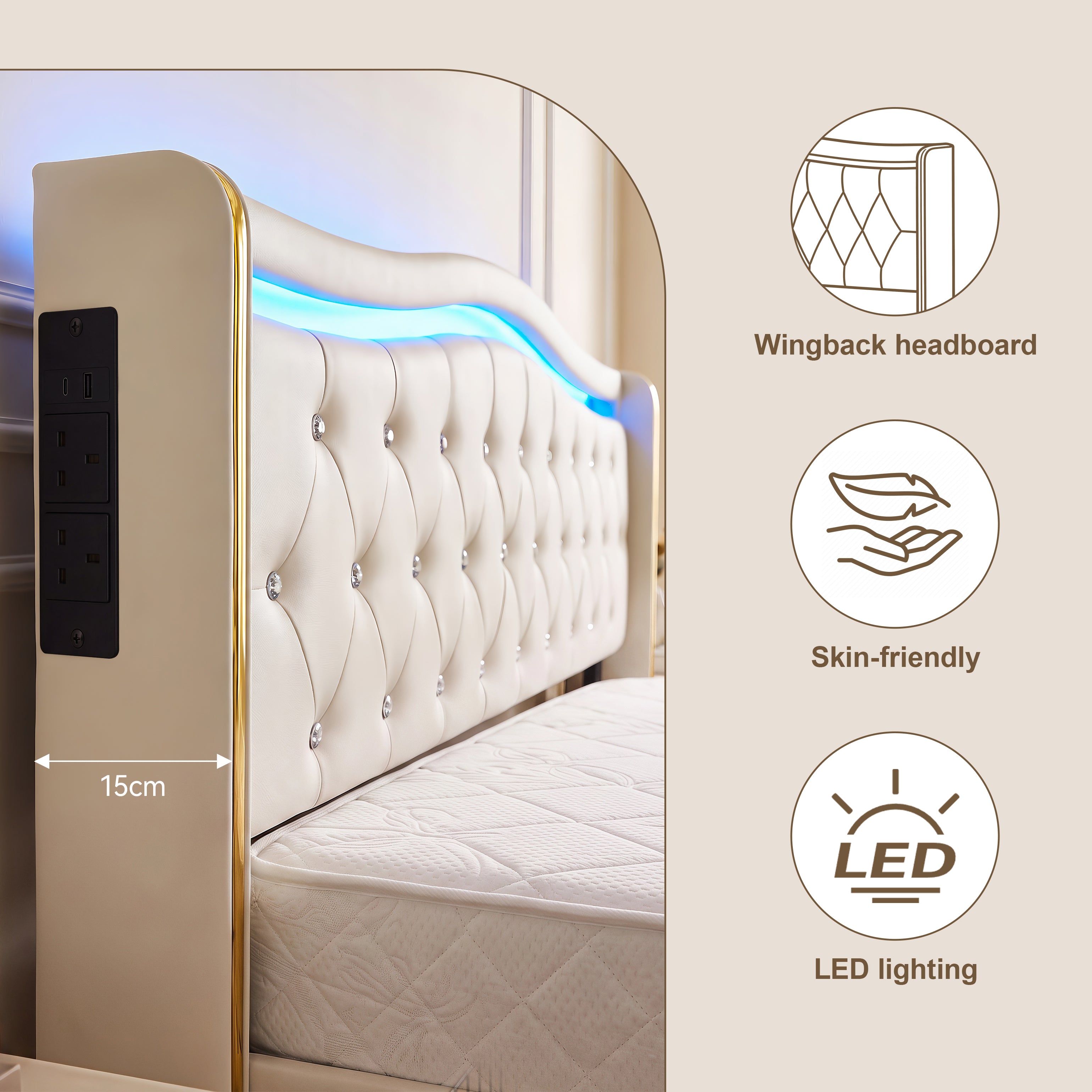 OYAJIA Chesterfield Storage Bed with RGB LED Headboard, Charging Station