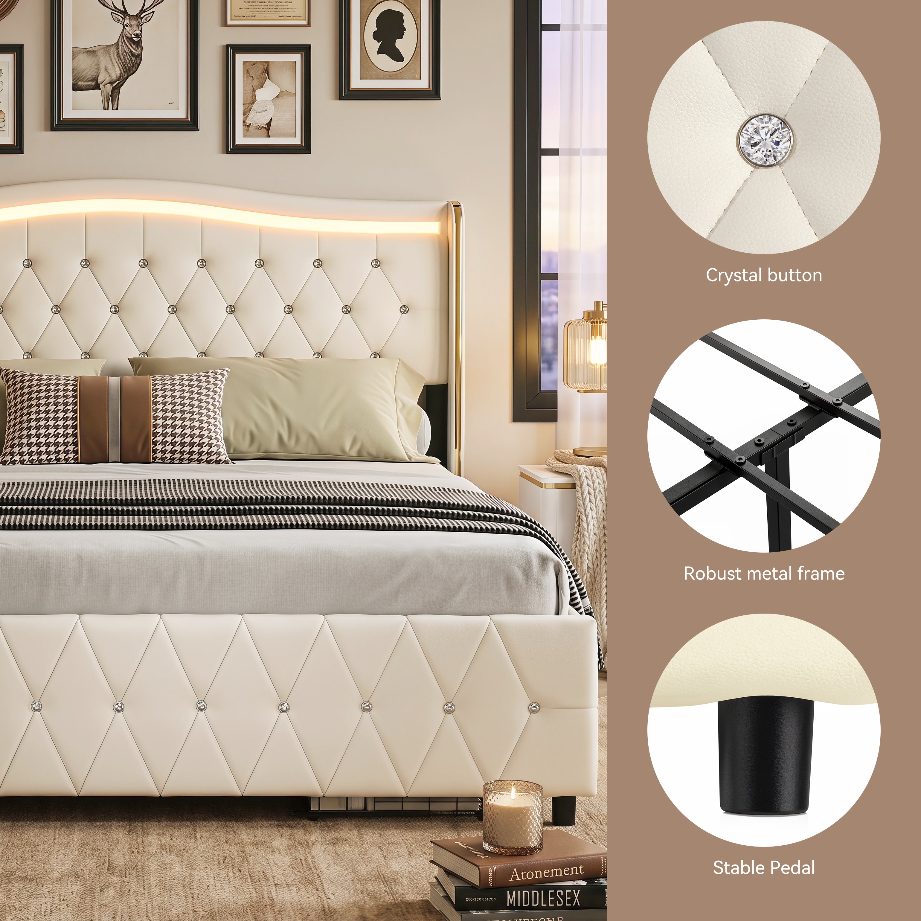 OYAJIA Chesterfield Storage Bed with RGB LED Headboard, Charging Station