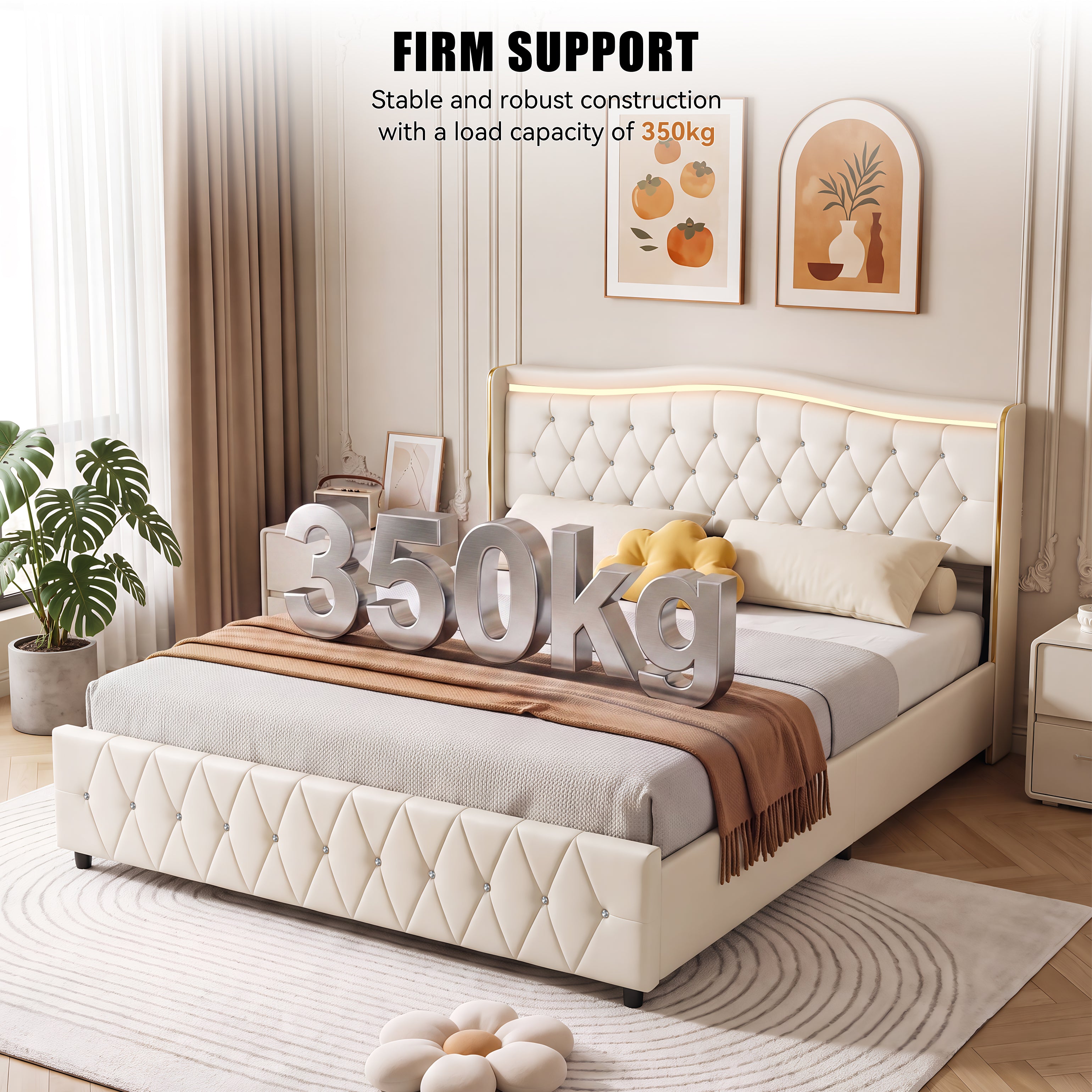 OYAJIA Chesterfield Storage Bed with RGB LED Headboard, Charging Station
