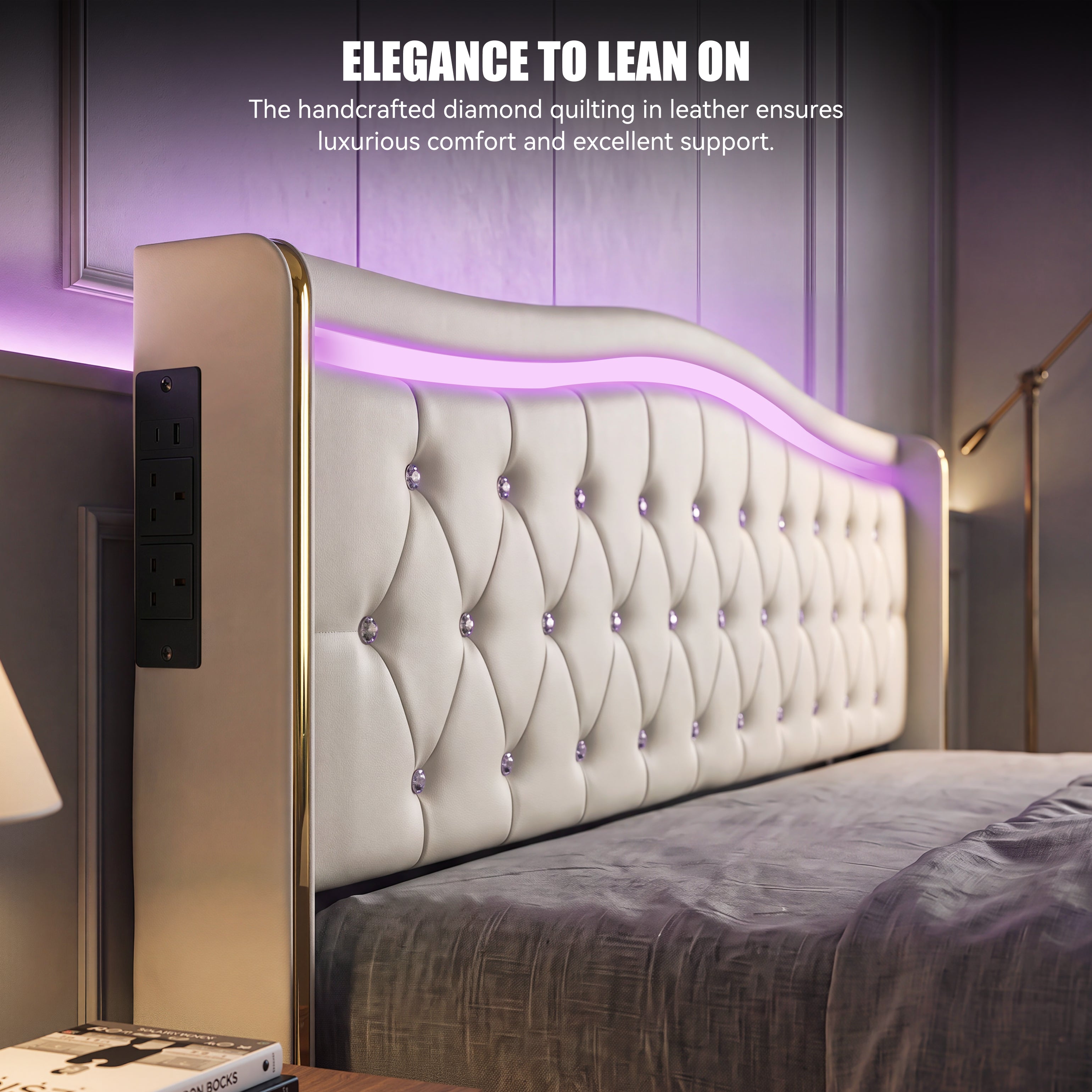 OYAJIA Chesterfield Storage Bed with RGB LED Headboard, Charging Station