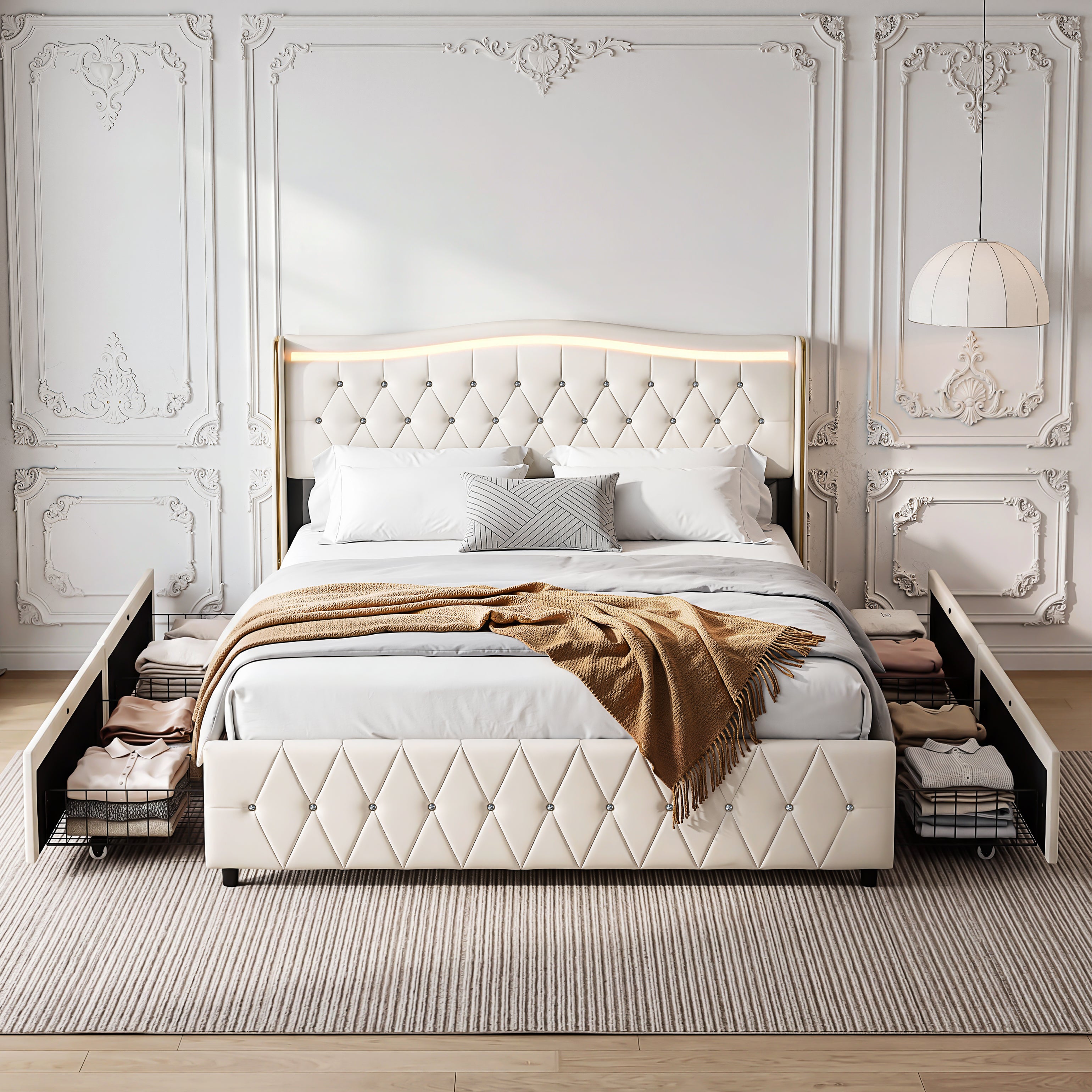OYAJIA Chesterfield Storage Bed with RGB LED Headboard, Charging Station
