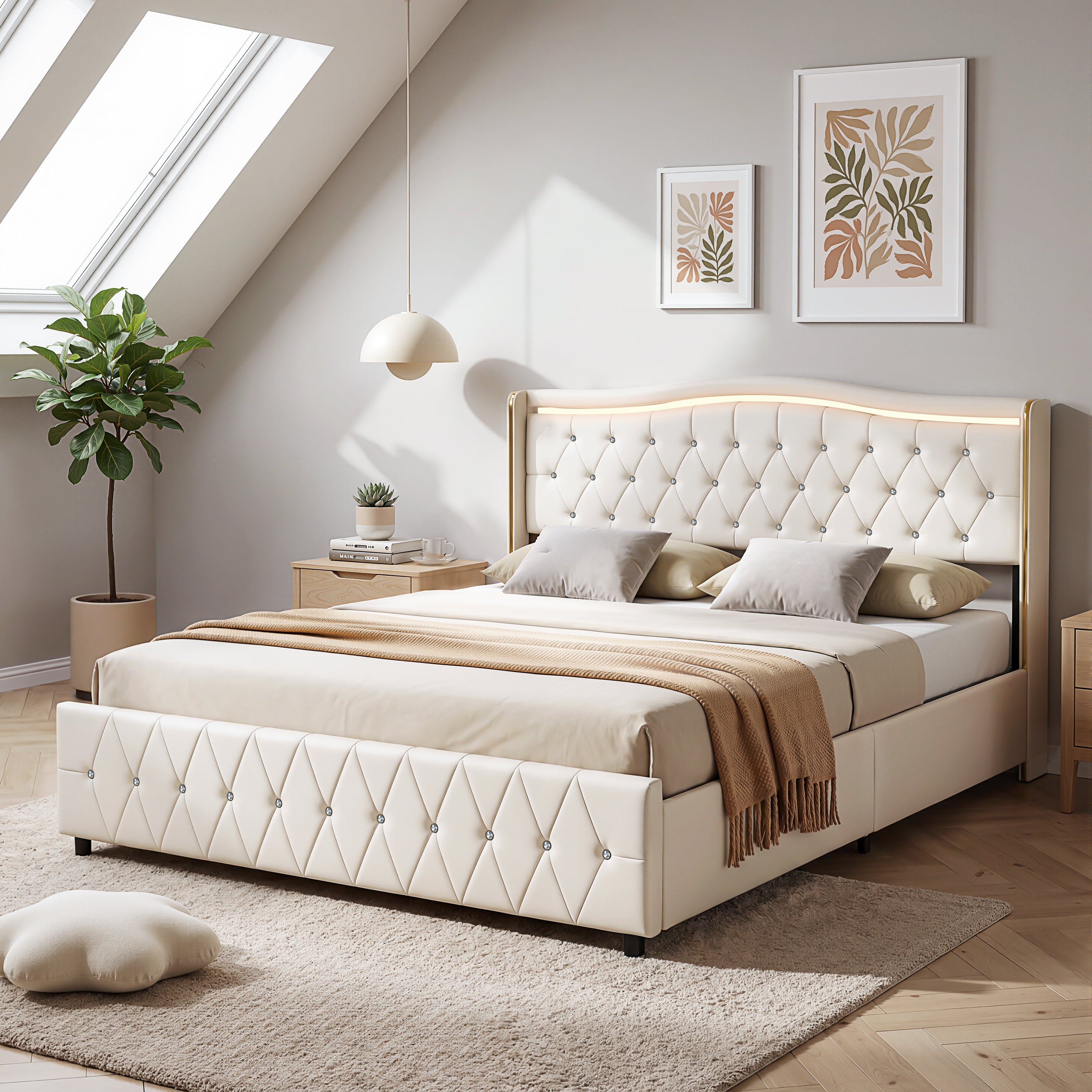 OYAJIA Chesterfield Storage Bed with RGB LED Headboard, Charging Station