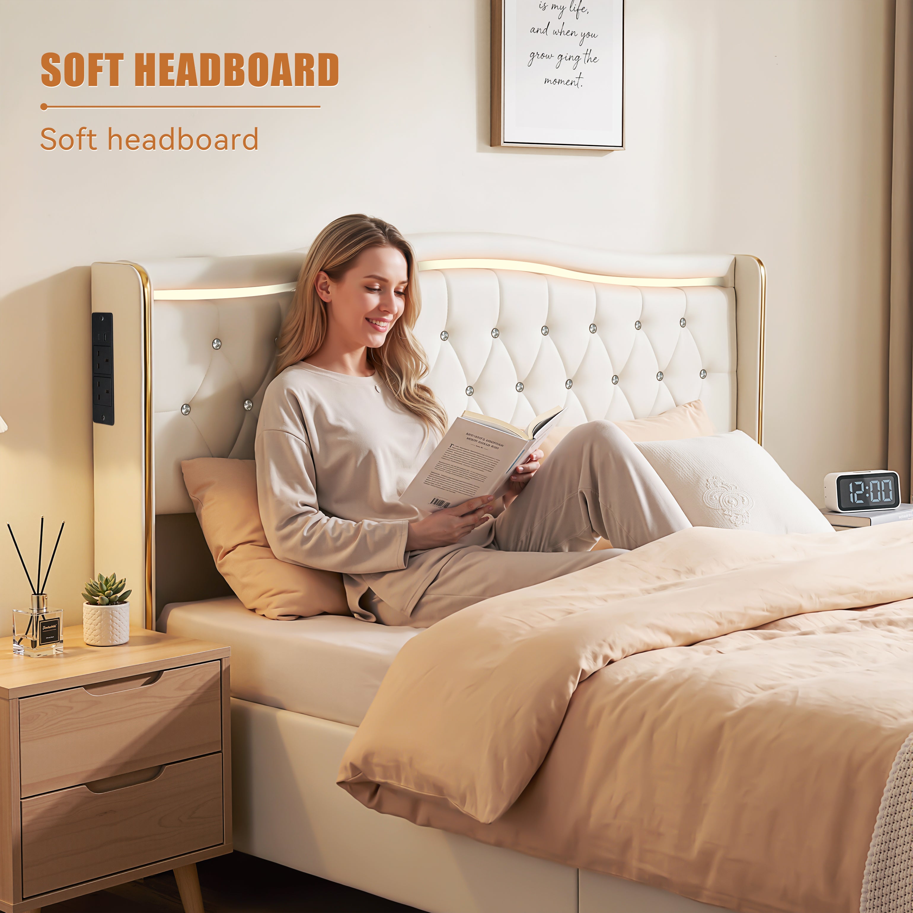 OYAJIA Chesterfield Storage Bed with RGB LED Headboard, Charging Station