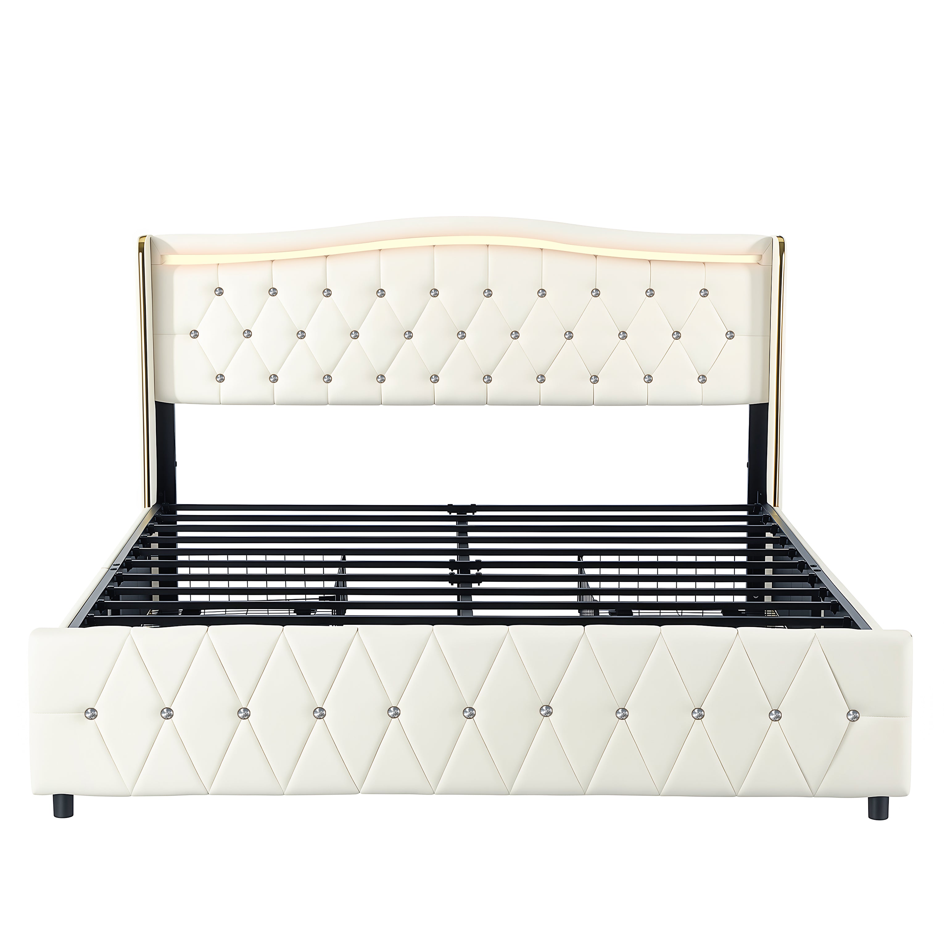 OYAJIA Chesterfield Storage Bed with RGB LED Headboard, Charging Station