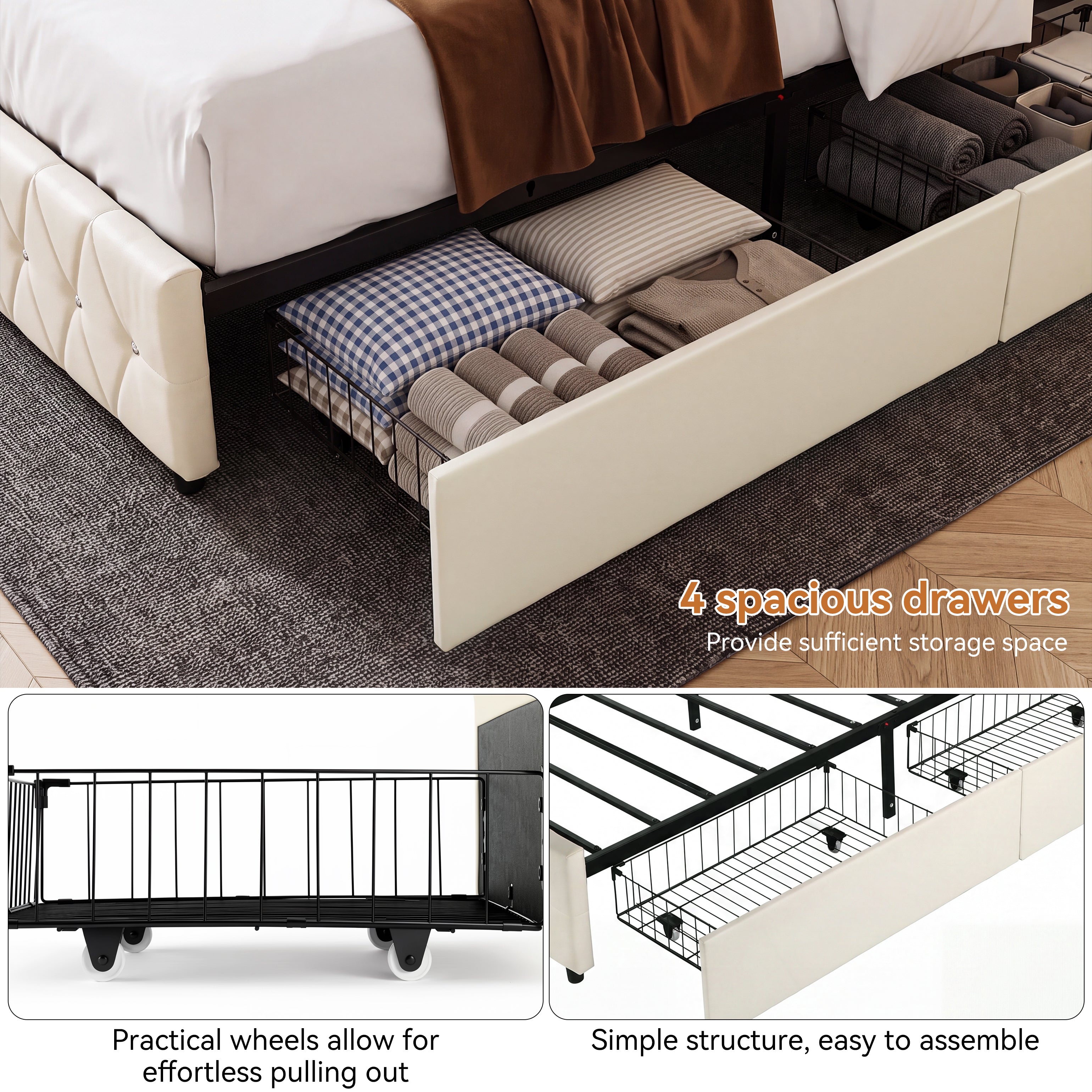 OYAJIA Chesterfield Storage Bed with RGB LED Headboard, Charging Station