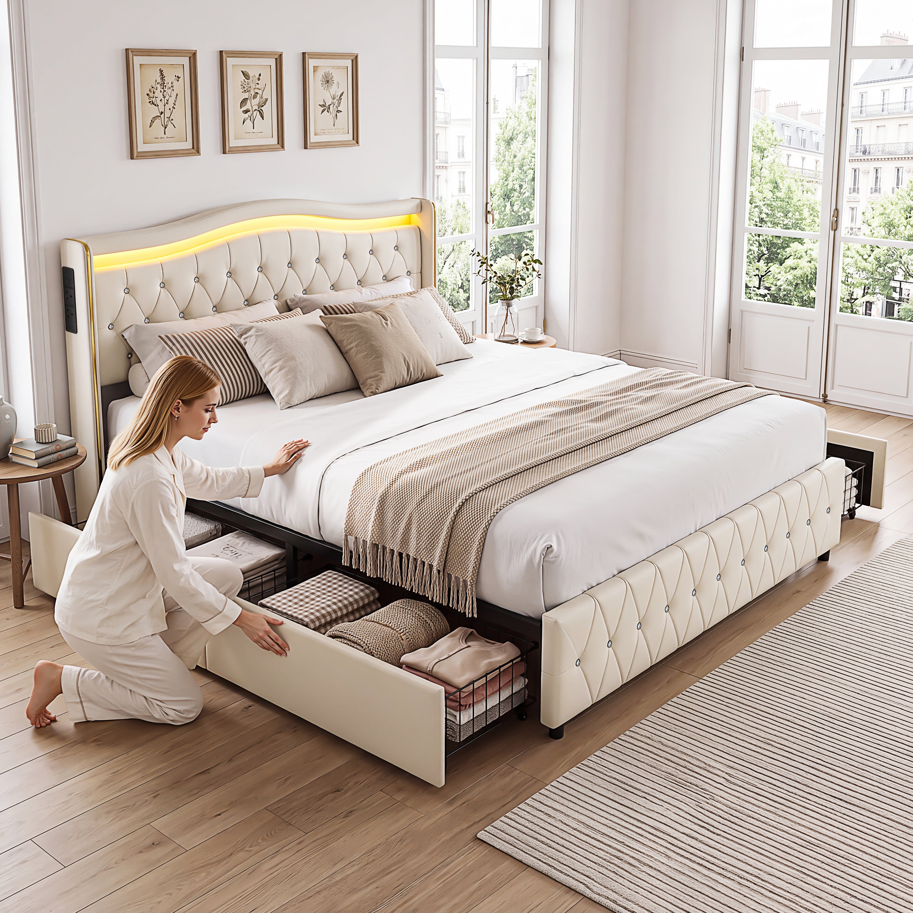 OYAJIA Chesterfield Storage Bed with RGB LED Headboard, Charging Station