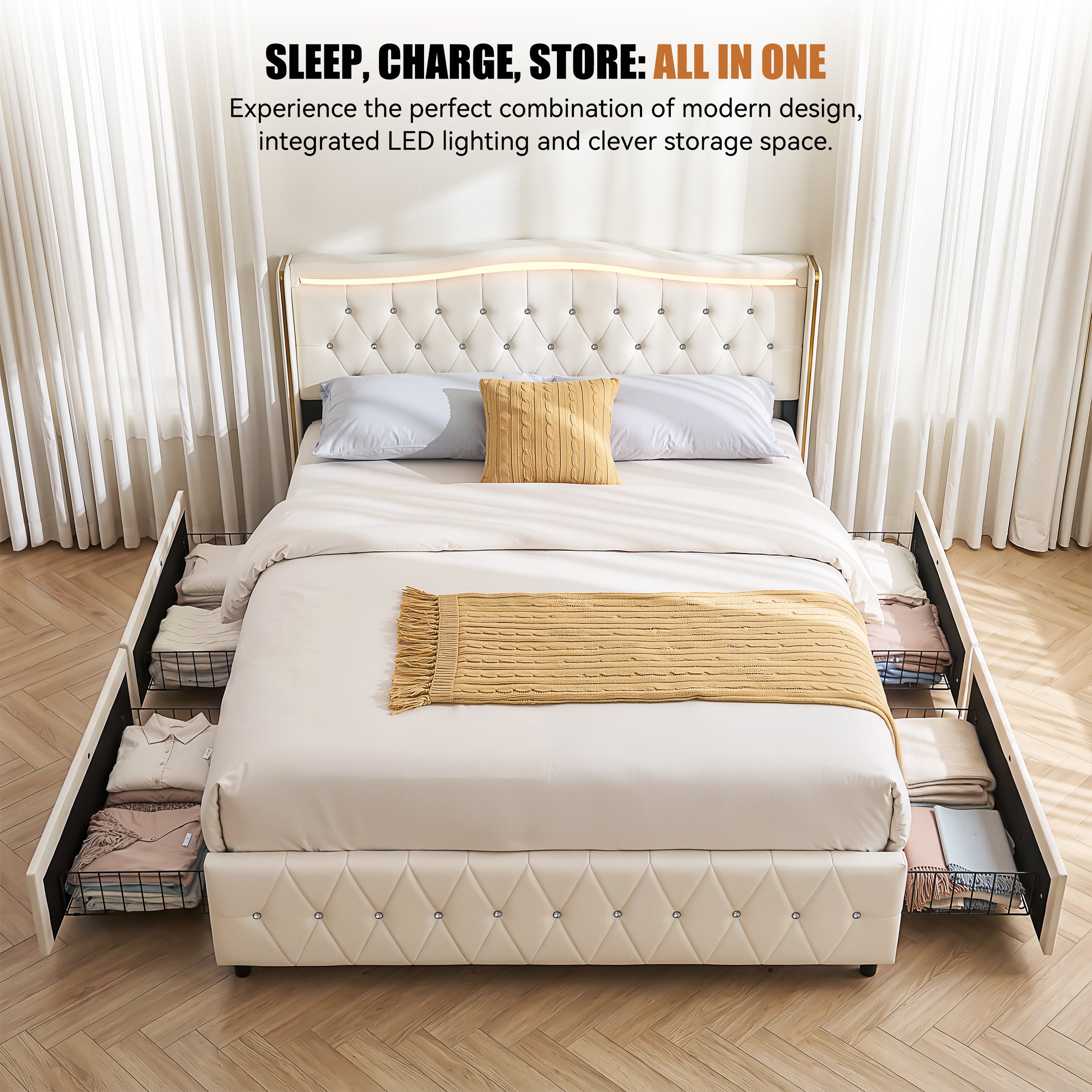 OYAJIA Chesterfield Storage Bed with RGB LED Headboard, Charging Station