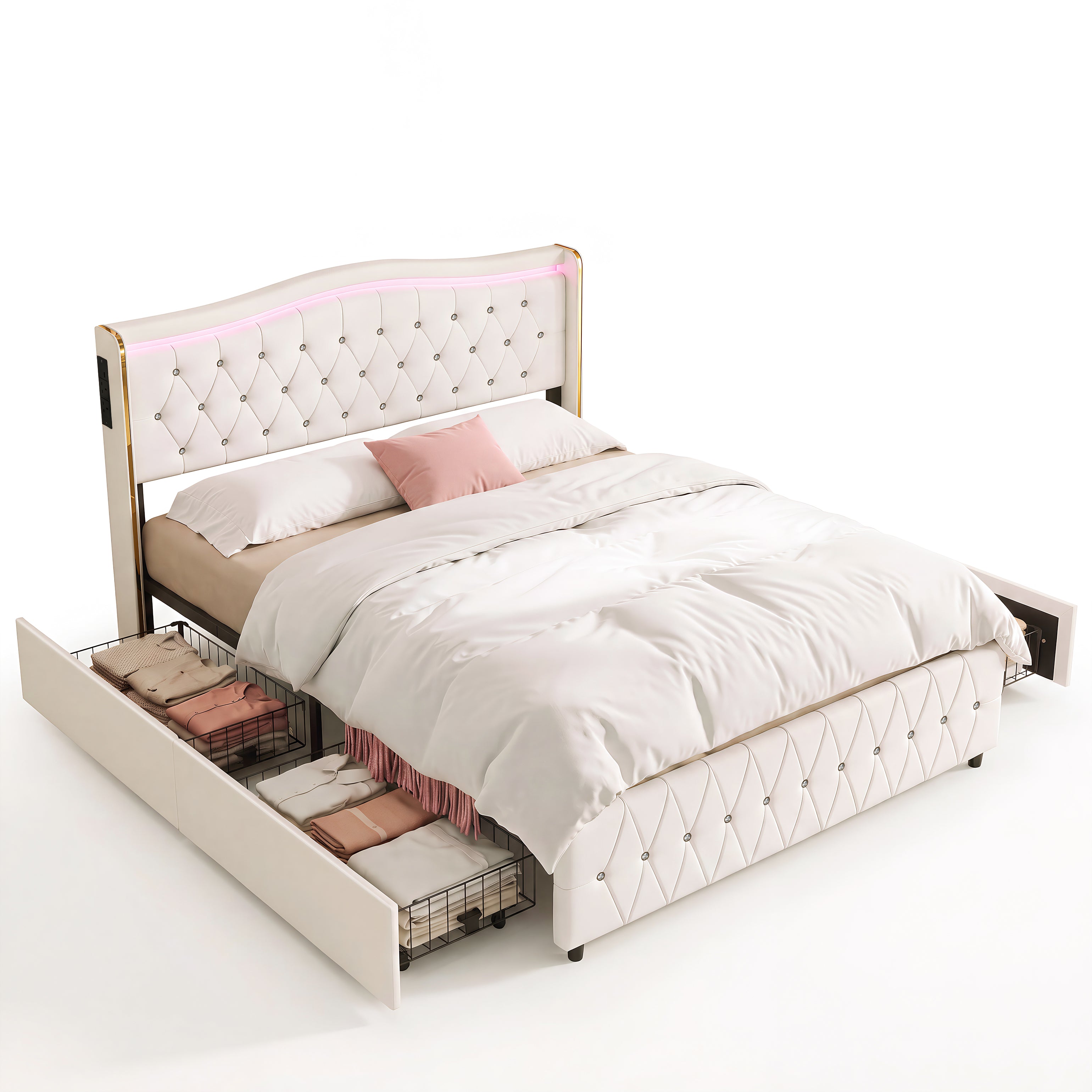 OYAJIA Chesterfield Storage Bed with RGB LED Headboard, Charging Station