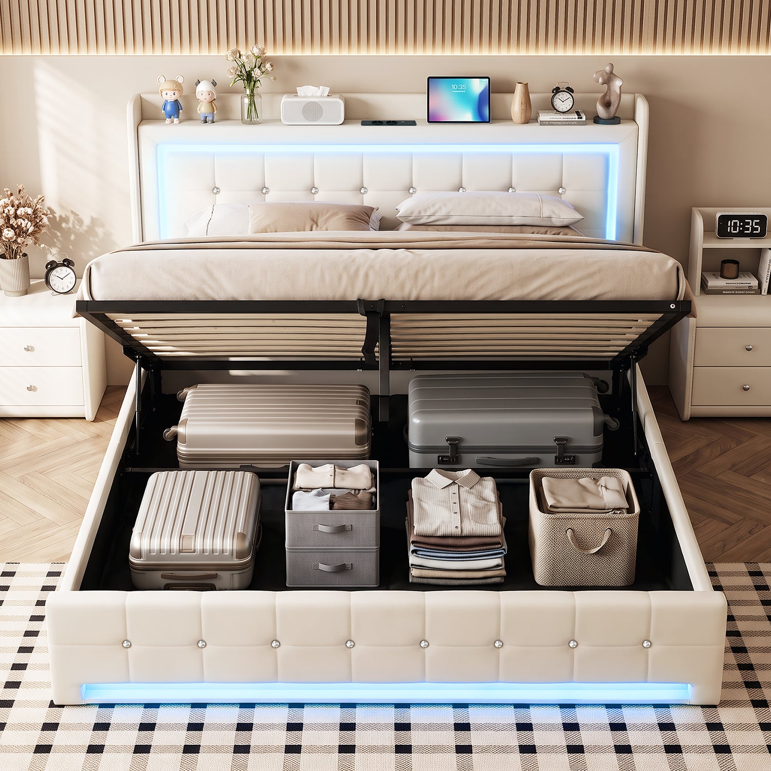 OYAJIA Storage Bed with RGB LED Headboard, USB-C Charging Station and 300 kg Capacity