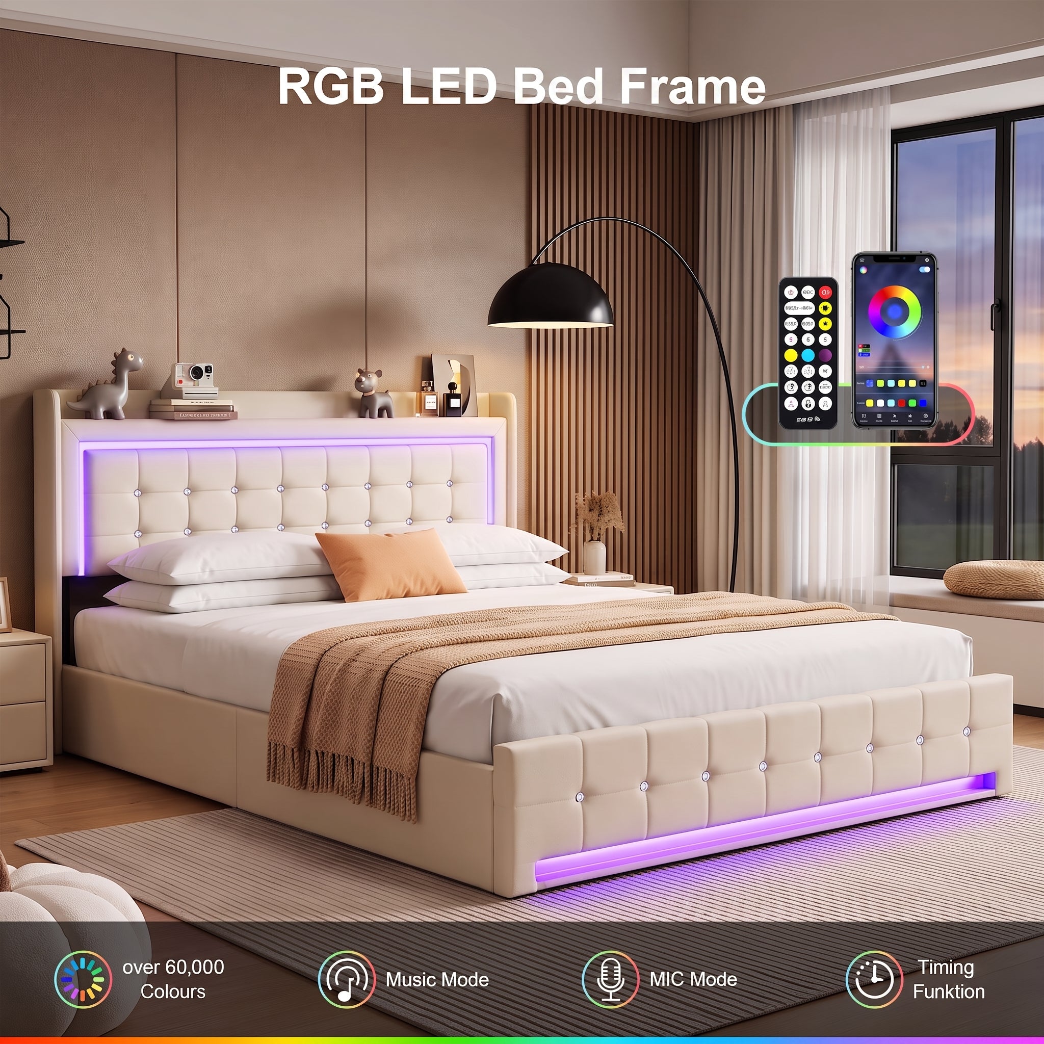 OYAJIA Storage Bed with RGB LED Headboard, USB-C Charging Station and 300 kg Capacity