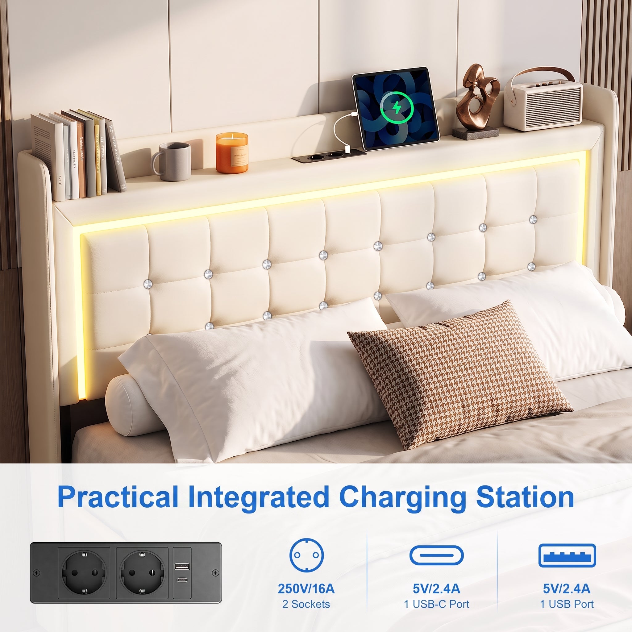 OYAJIA Storage Bed with RGB LED Headboard, USB-C Charging Station and 300 kg Capacity