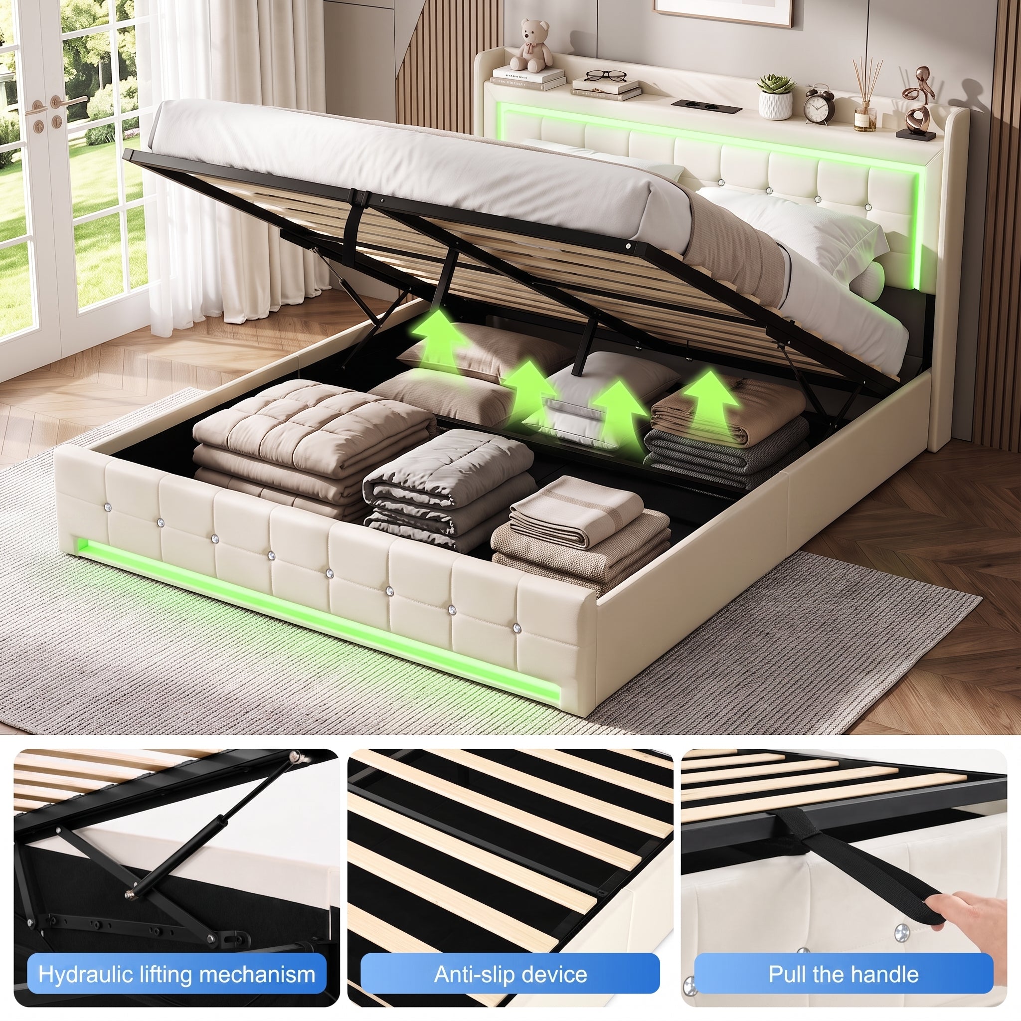 OYAJIA Storage Bed with RGB LED Headboard, USB-C Charging Station and 300 kg Capacity